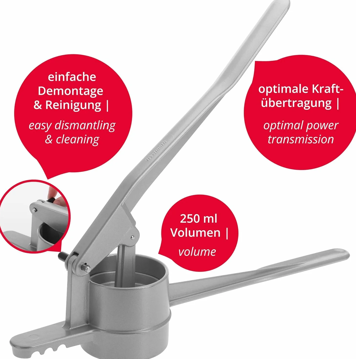 Westmark Prensa para pasta / patatas, con perforación tradicional para Spätzle como hecha a mano, Aluminio fundido a presión, Longitud: 41 cm, Spätzlechef, Plateado, 61202260