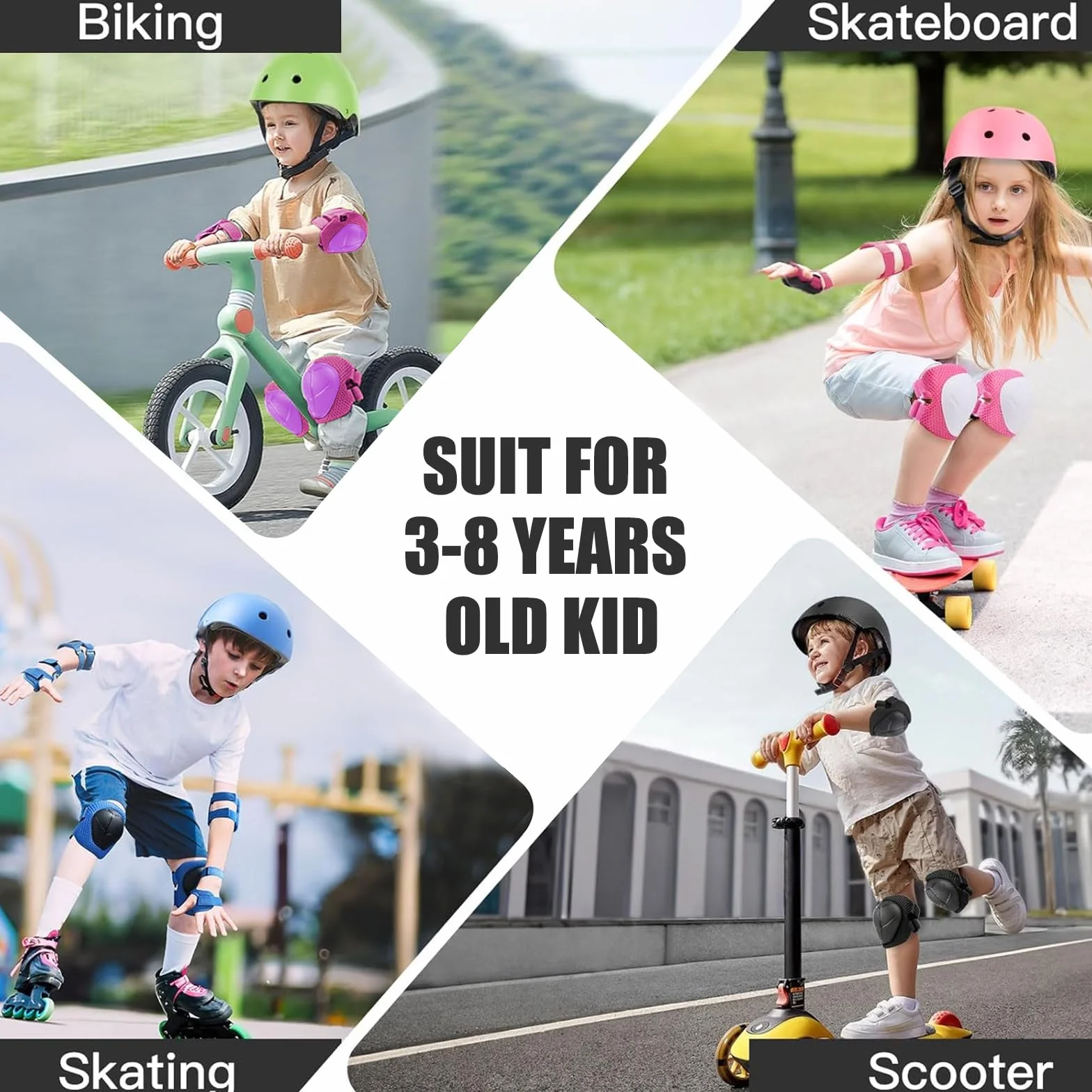 Rodilleras y Coderas Ajustables para Niños, 6 en 1 para Monopatín, Patines, Hoverboard (Rosa/Morado)