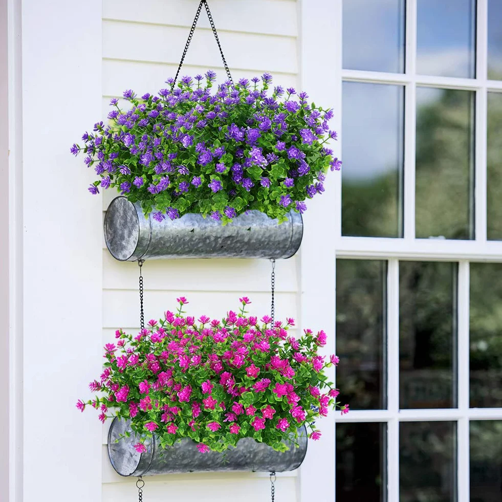 12 paquetes de flores artificiales para exteriores, resistentes a los rayos UV, plantas de boj falsas, vegetación sintética para interiores y exteriores, plantas colgantes de jardín, porche,