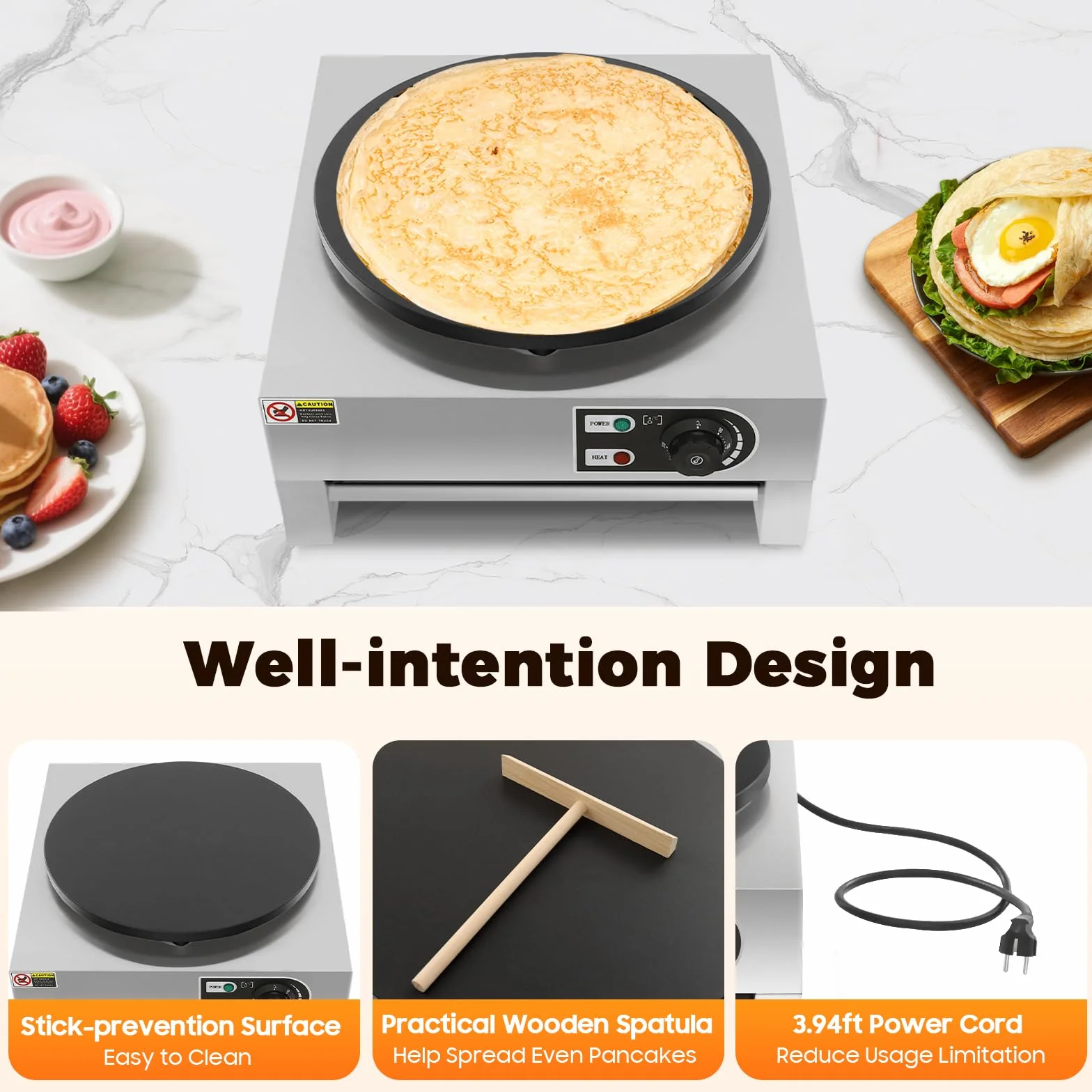 Crepemaker - Máquina eléctrica para crepes (3000 W, 40 cm, antiadherente, acero inoxidable, control de temperatura, para panqueques, tortitas de huevo, crepes