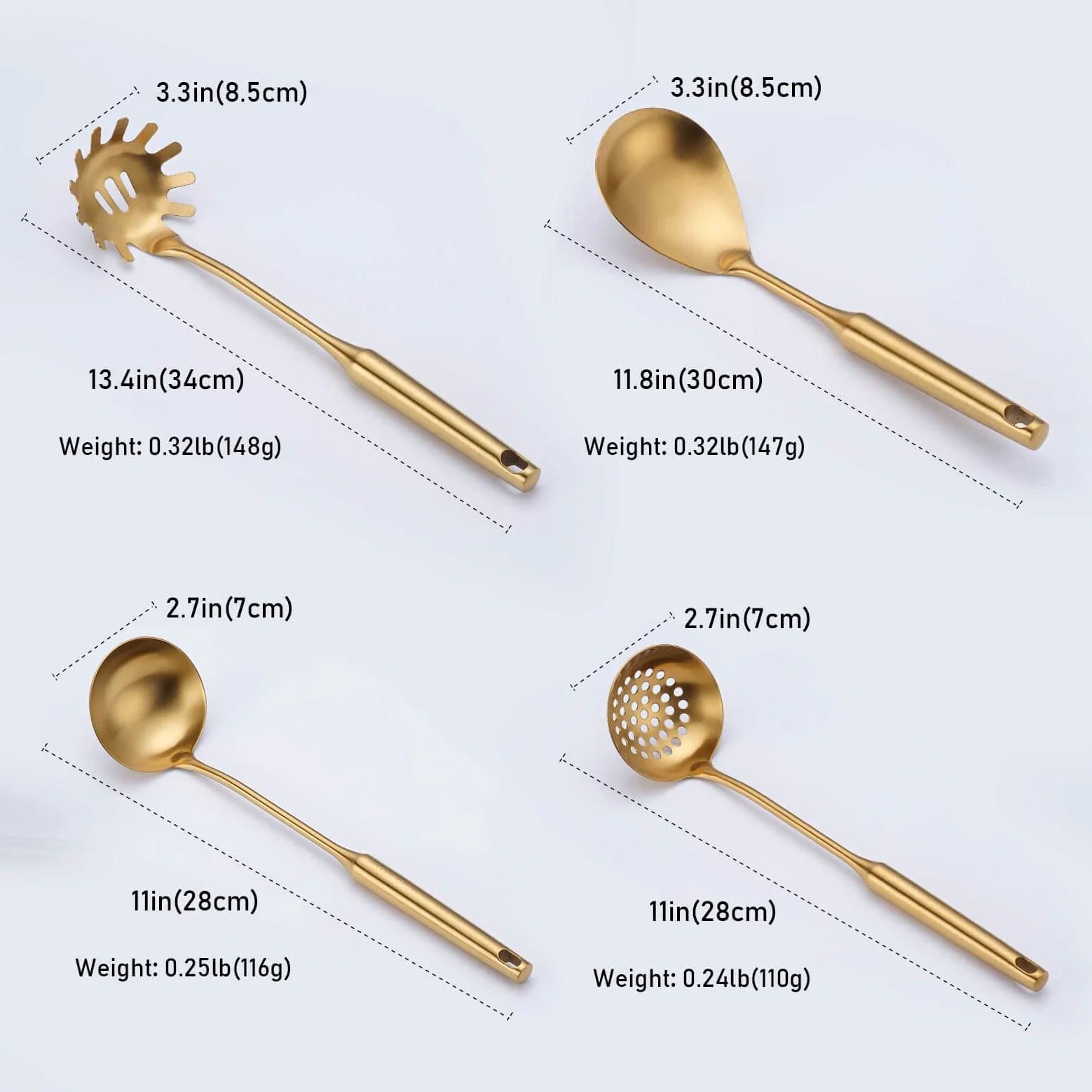 Juego de utensilios de cocina dorados, 8 piezas de acero inoxidable 304, herramientas de cocina totalmente metálicas, espátula, cucharón de sopa, skimmer, espátula ranurada, servidor de espagueti