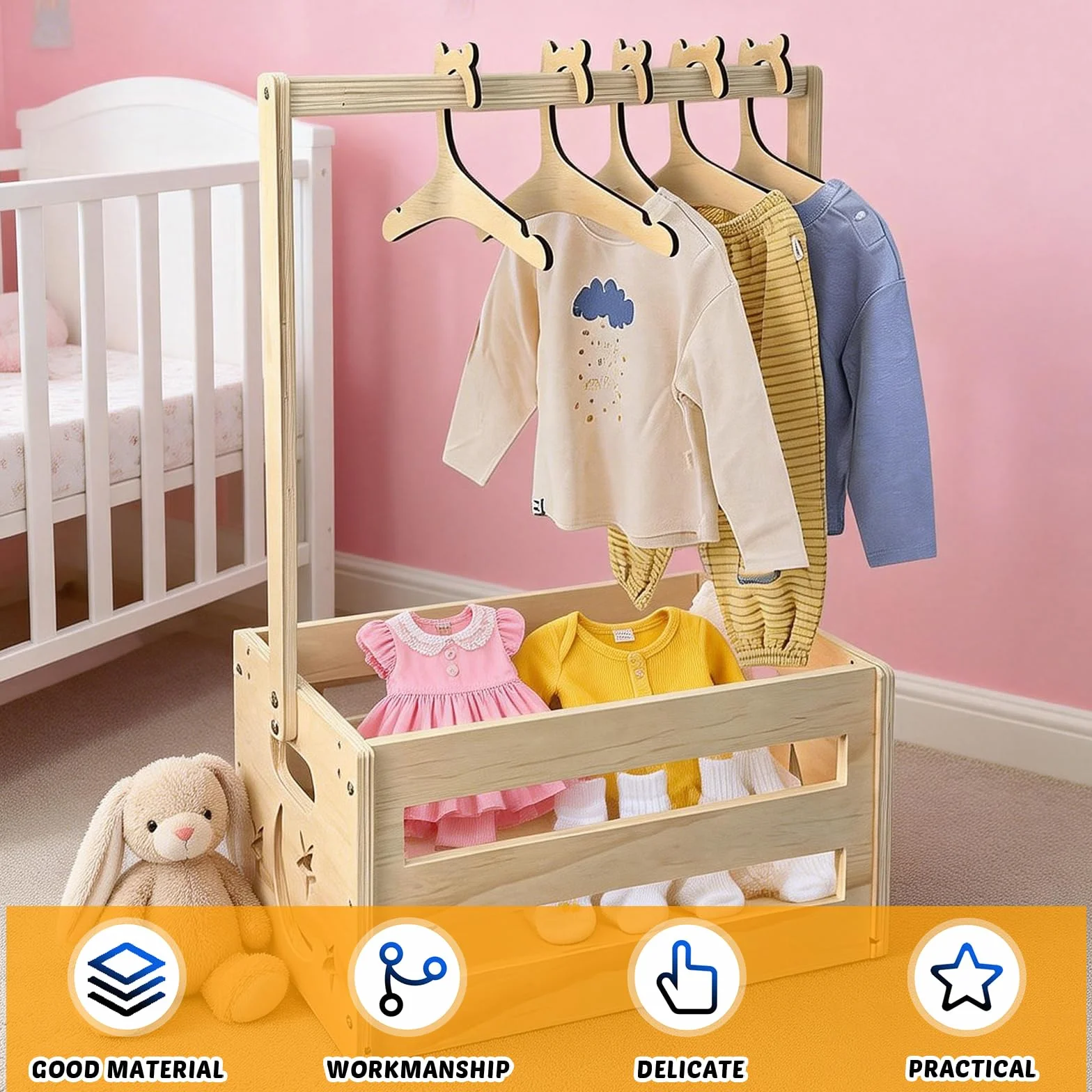 Cesta de madera para regalo de bebé con asa, almacenamiento para baby shower, color
