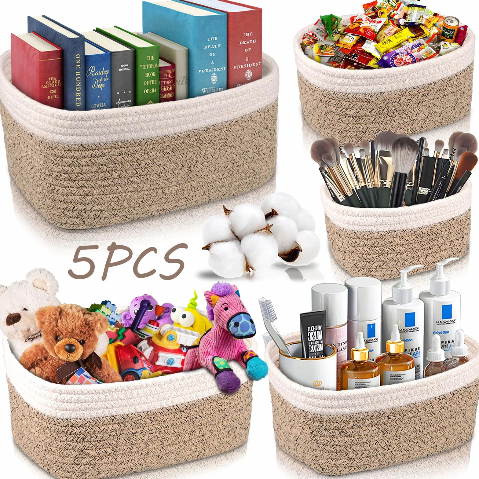 FAMKEEP 5 Piezas Cestas Almacenaje de Cuerda de Algodón Juego Cajas Organización Dormitorio Baño Cocina