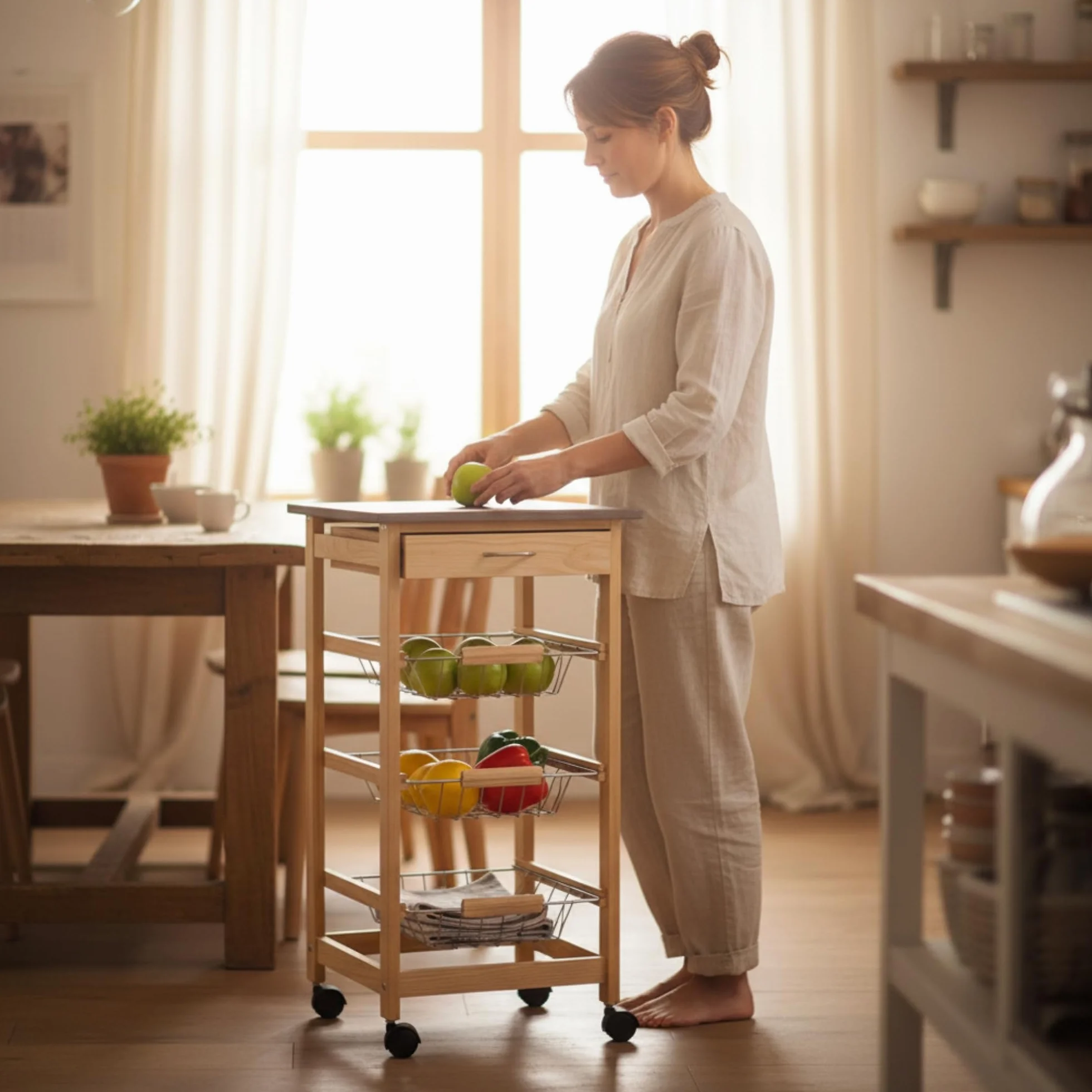 INDE MOBLEKIT | Carrito Auxiliar con Ruedas 3 Estantes con Cajón, Verdulero de Cocina en Madera Natural, Verdulero Práctico para Frutas y Verduras, Mueble Auxiliar de Cocina con Estantes