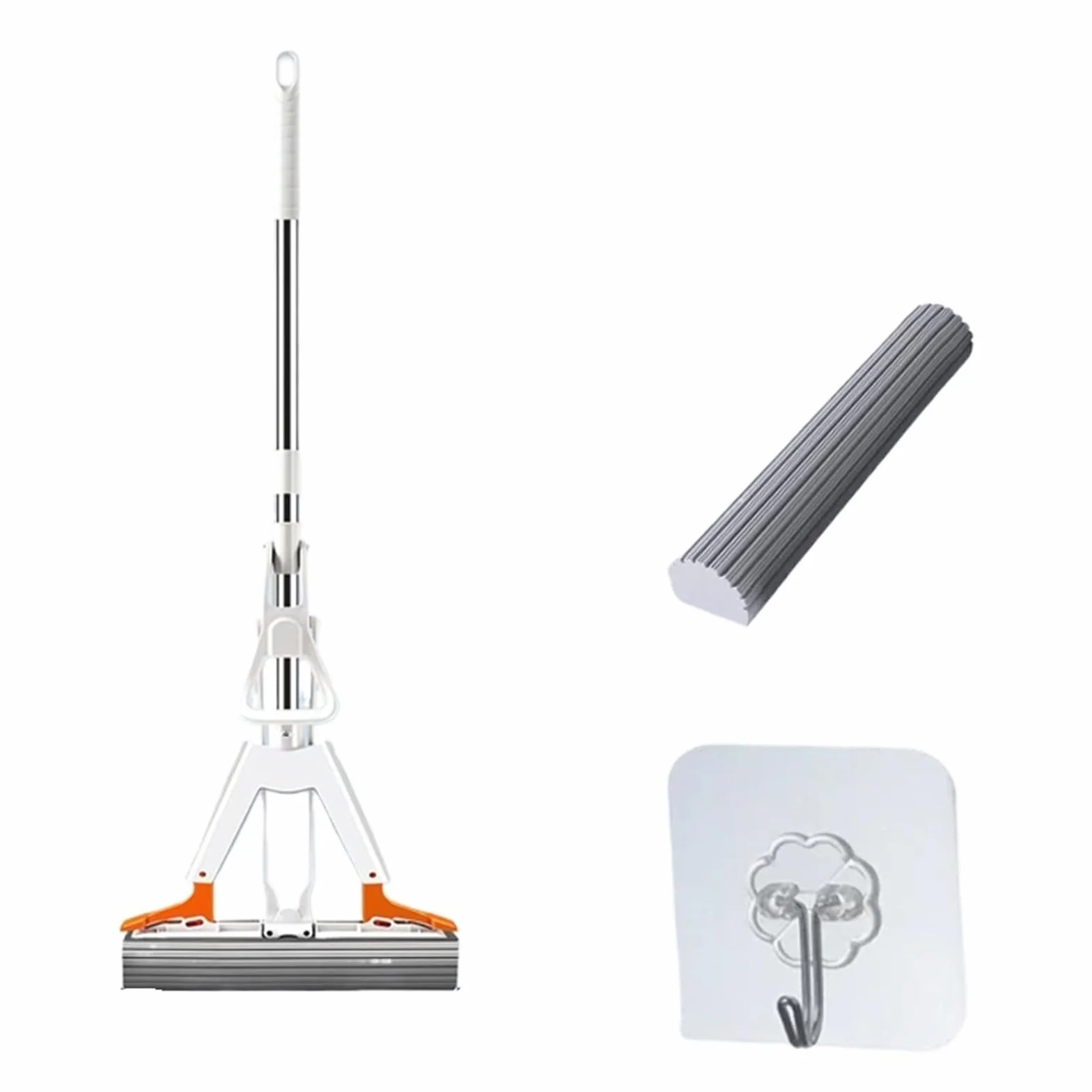 Trapeador de algodón Goma autodrenante Tipo apretón, autolimpieza Manos Libres(White-2 Sponge-Hook)