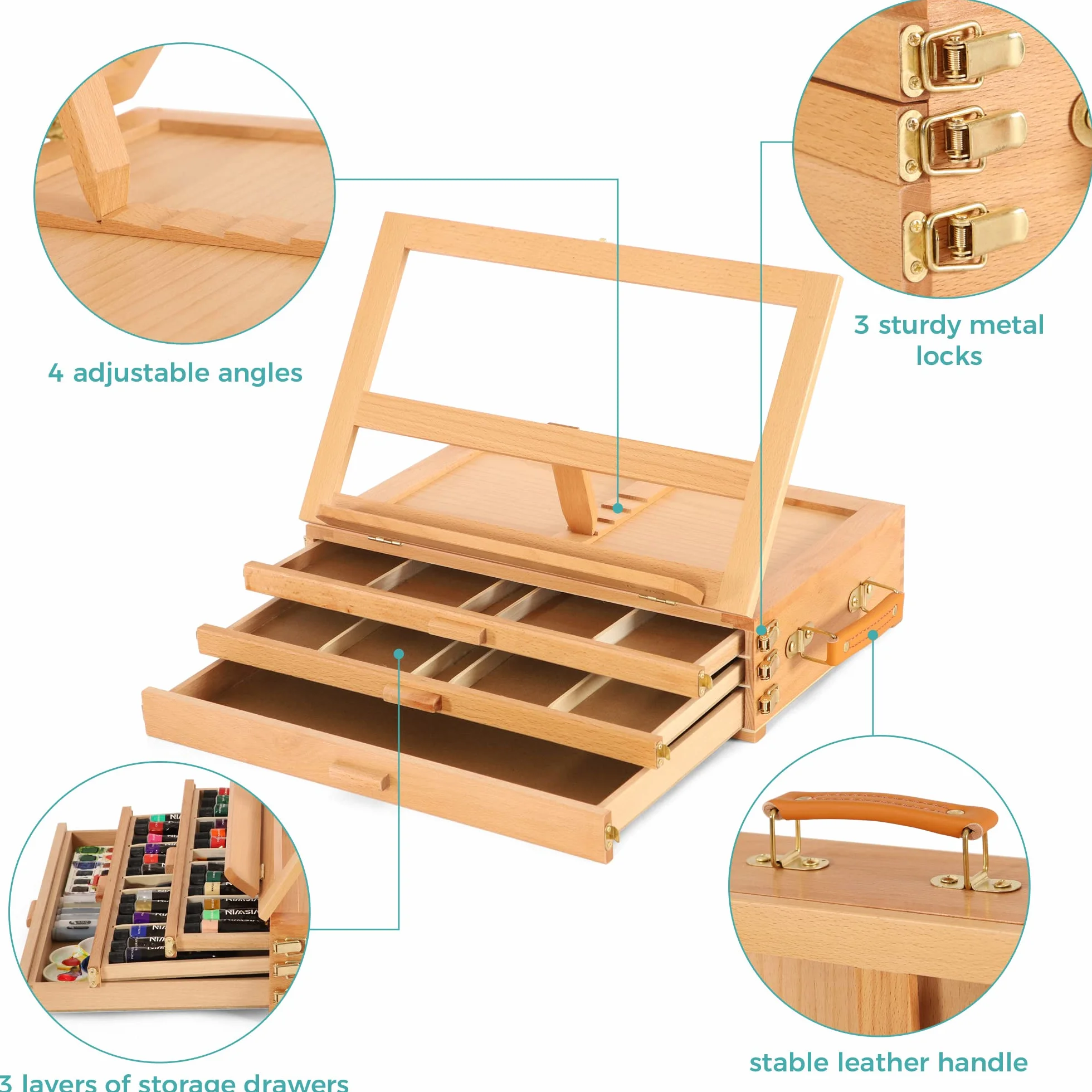 VISWIN Caballete grande ajustable con 3 cajones, caballete de mesa portátil de madera de haya para artistas, caballete de mesa para pintores adultos, artistas