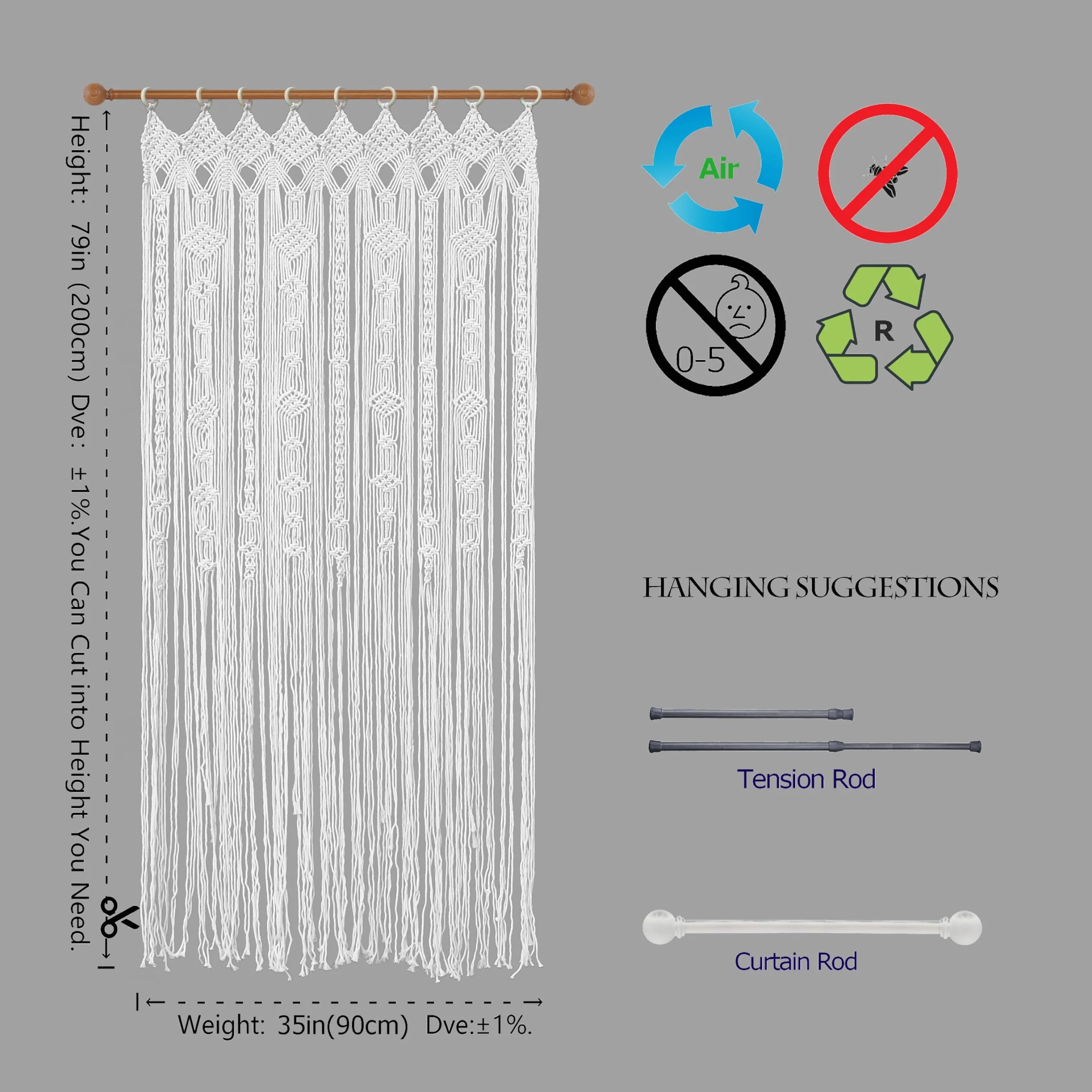 Cortina de macramé bohemia para puerta, hecha a mano, cortina mosquitera para ventana, puertas, cortinas, borlas, puertas, persianas, panel divisor de habitaciones, 35 x 90 x 200 cm