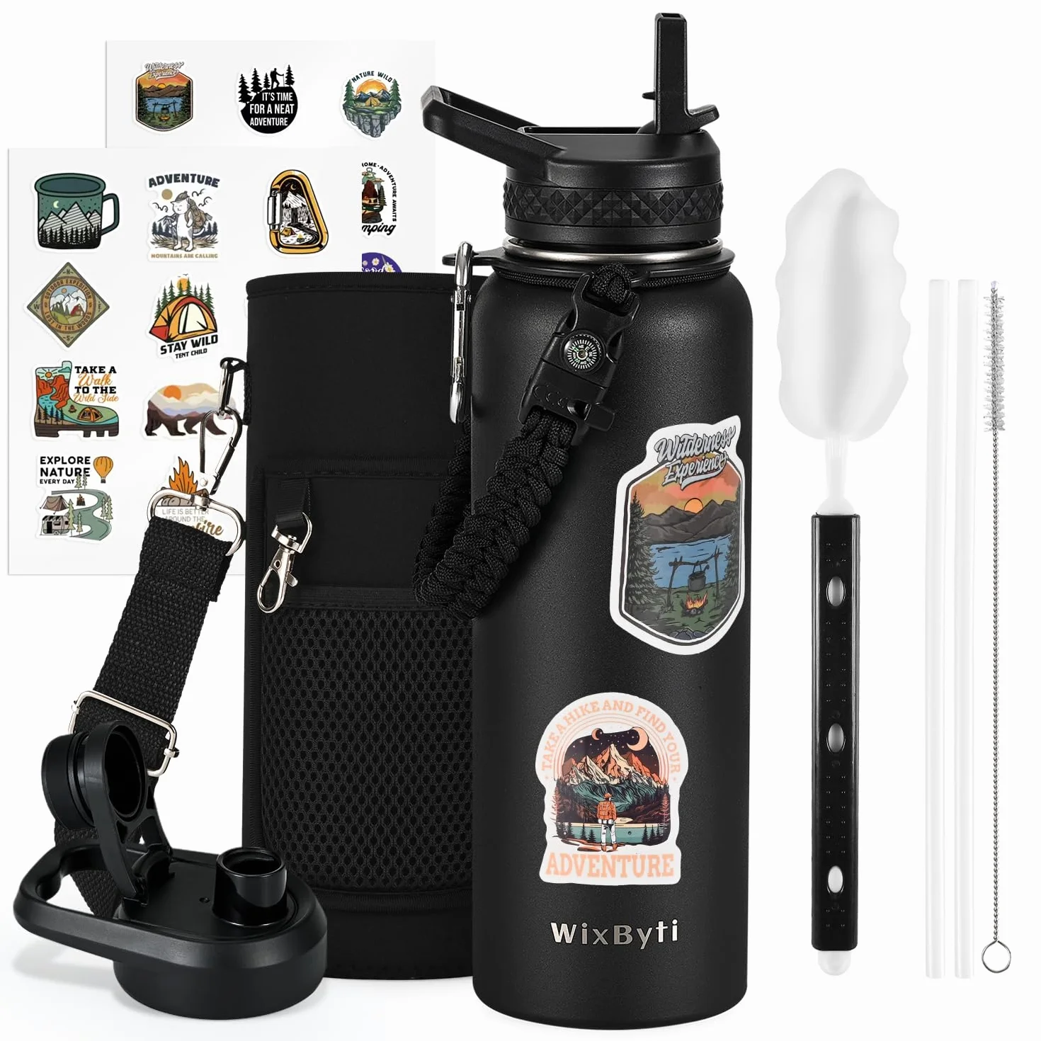 WixByti Botella de agua aislada de 1134 g con pajita, a prueba de fugas y frío durante 36 horas | Termo de acero inoxidable de triple pared con mango de paracaídas y tapas de boquilla de popote y calcomanías de bricolaje