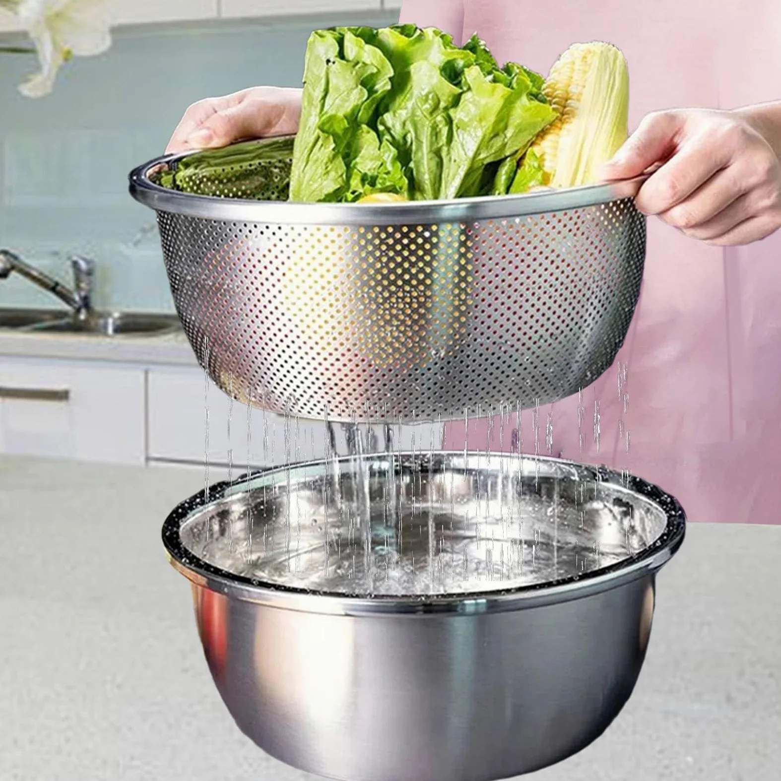 Milageto Colador, Tazón de Sopa de Cocina, Cuenco Grueso para Lavar arroz para Uso doméstico, Cuenco para Lavar Verduras, Cesta escurridora, 34cm