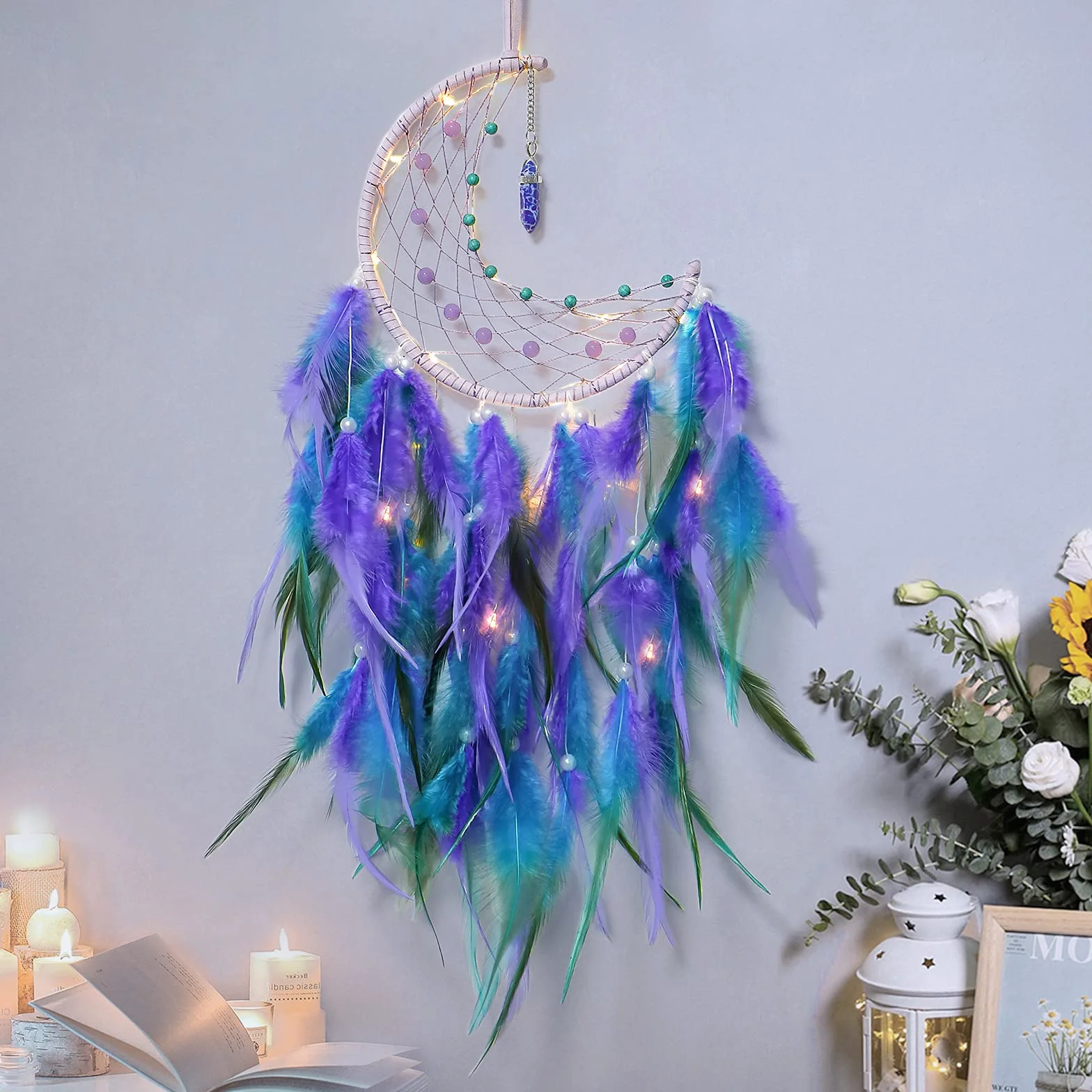 Dremisland Luna Atrapasueños LED con Plumas Hecho a Mano Dream Catcher Turquesa Colgante de Pared Adorno para decoración Hogar Dormitorio Regalo Artesanal (Azul & Púrpura)
