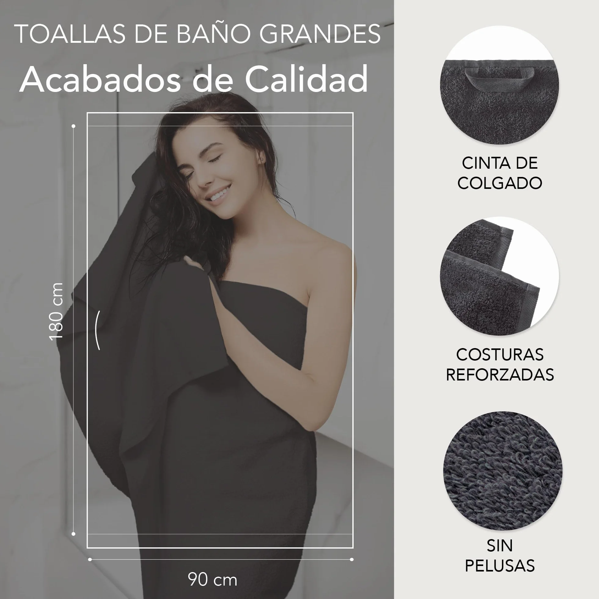 Ôhm Toallas de Baño Grandes 90x180 cm 100% Algodón 500 g/m² – Toalla Ducha Grande Alta Absorción y Suavidad – Gris Oscuro – Oeko-Tex – Pack 2 Unidades