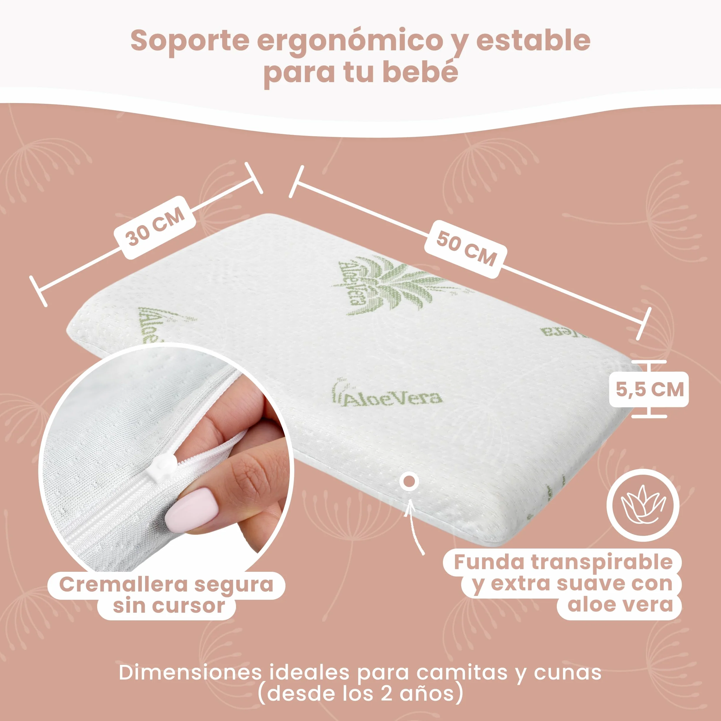 MIMUSELINA Almohada Bebe Viscoelástica Memory Foam 50x30x5,5 Transpirable Antisofocos Funda Aloe Vera Hipoalergénica
