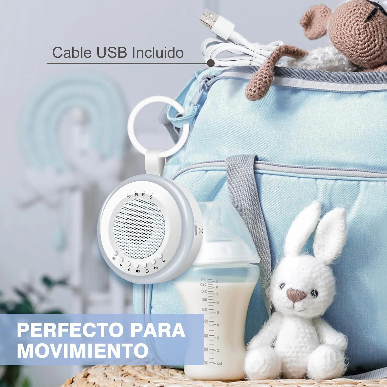 Easy@Home Máquina de Ruido Blanco para Dormir Bebé 20 Sonidos Relajantes Luz Nocturna Ajustable Temporizador Recargable USB