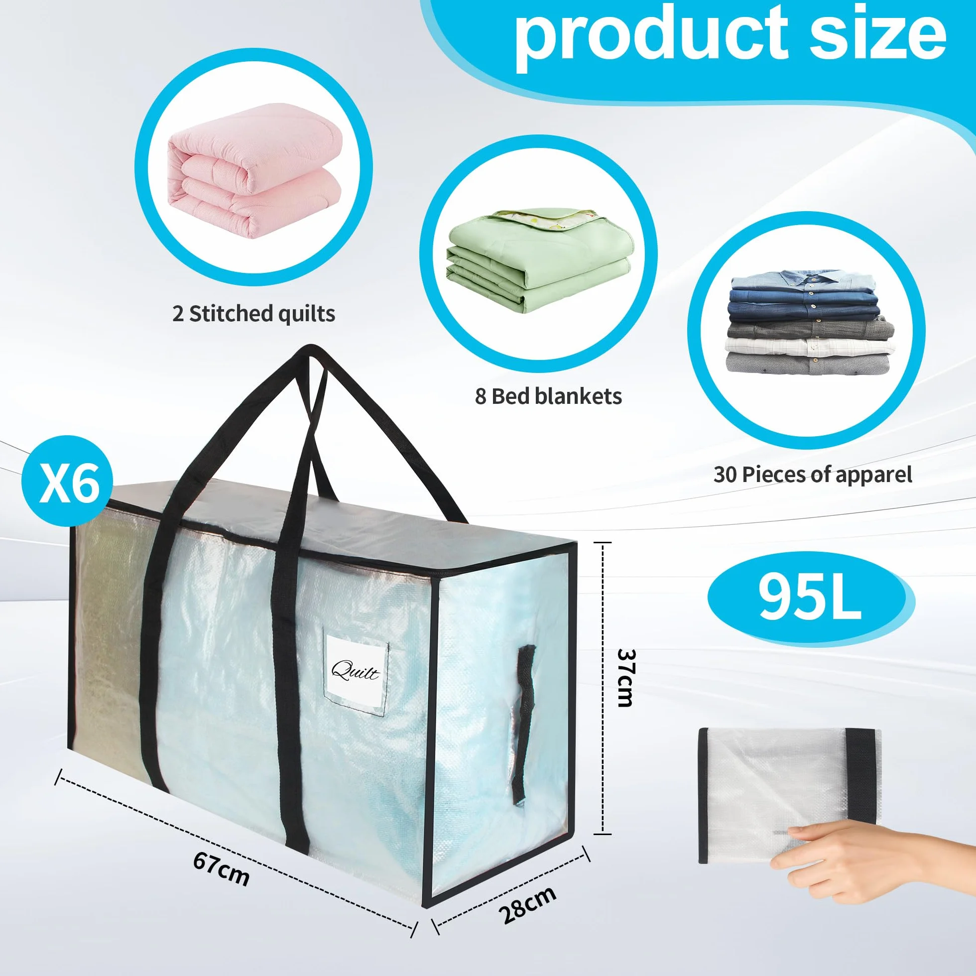 Paquete de 6 bolsas de almacenamiento grandes de 95 litros con tapa, cajas de mudanza transparentes, plegables y resistentes con cremallera y asa,para mudanzas,camping y almacenamiento de ropa de cama