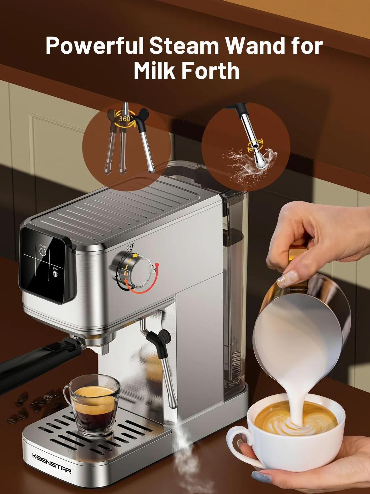 Cafetera espresso de 20 bares con cerveza rápida en frío, cafetera caliente y helada, cafetera de acero inoxidable con espumador bar vapor touch display con depósito de
