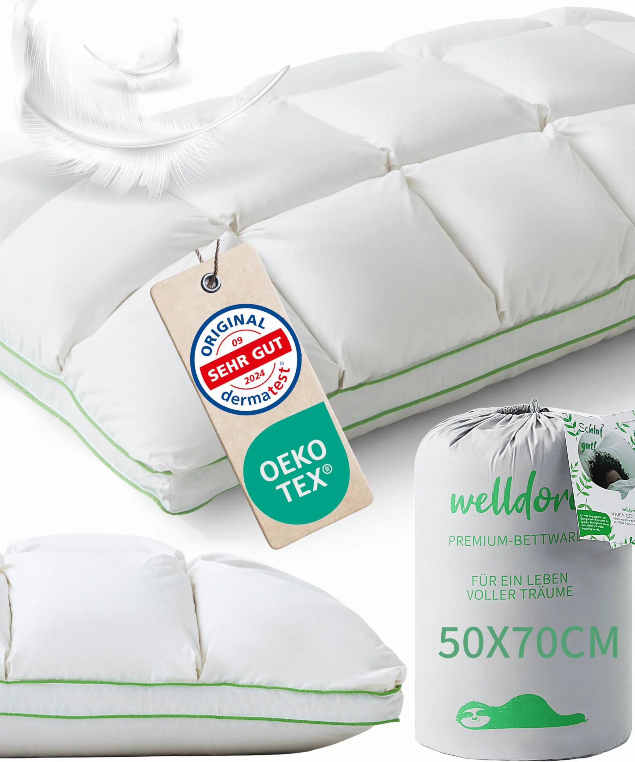 Welldora Almohada Premium 50x70 cm, 100% Fibras de plumón y Plumas, Media | Diseño de nubes para máximo confort | De lado y boca arriba | Oeko-Tex | Dermatest “Muy bueno” | Prestigiosa marca suiza
