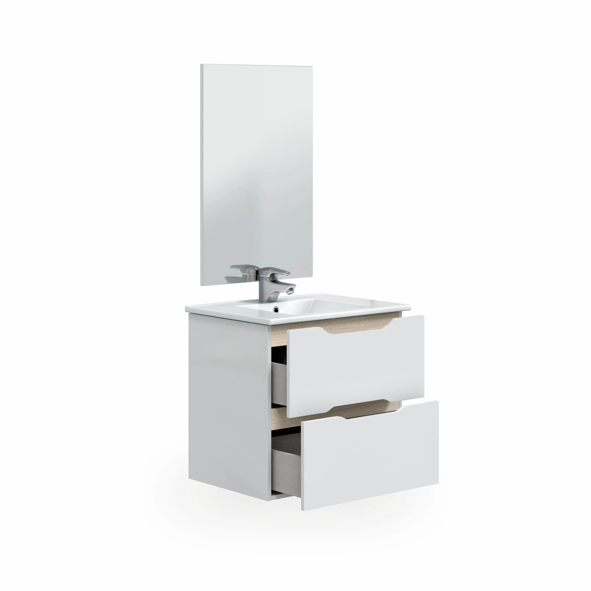 duehome | Mueble de Baño Suspendido con 2 Cajones y Espejo, Modulo Colgante, Modelo Nexa, Acabado en Blanco Brillo y Roble, Medidas: 60 cm (Ancho) x 57 cm (Alto) x 45 cm (Fondo)