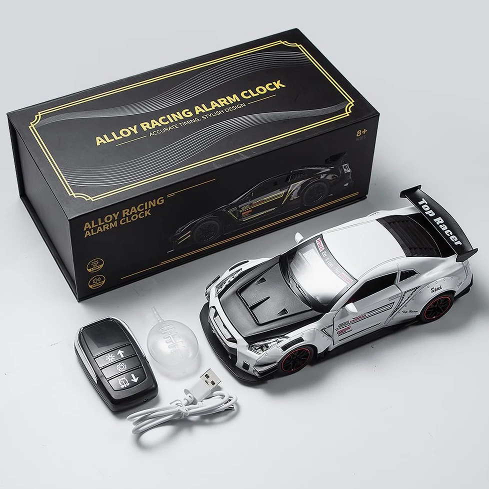 Reloj Despertador LED de Coche Recargable, Reloj de Mesa Modelo superdeportivo con Mando a Distancia, Sonido de Motor simulado y Efectos de luz y Vapor de Escape con Agua (Black)