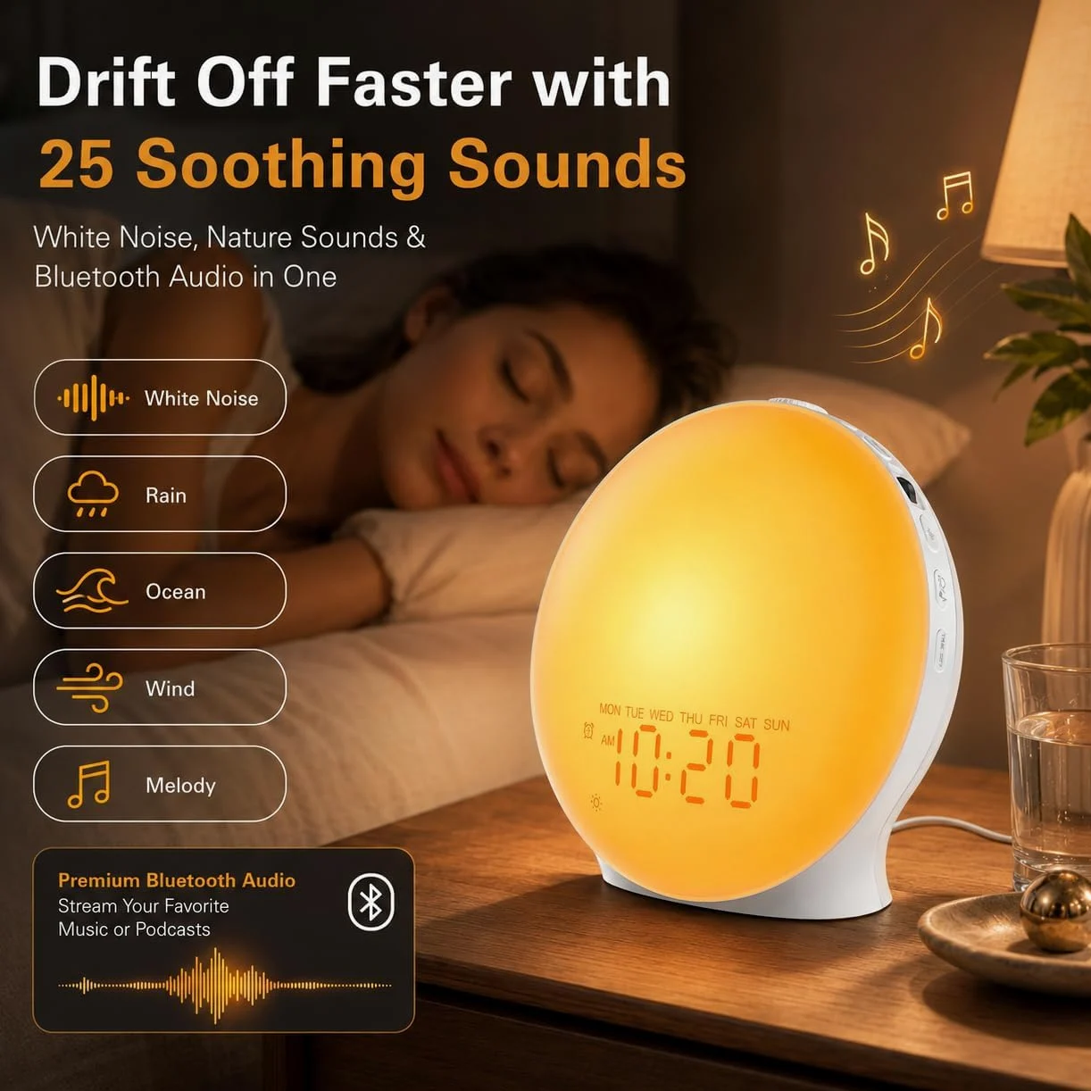 JALL Despertador de luz diurna, despertador con luz al amanecer, máquina de ruido blanco con 22 sonidos, 17 luces nocturnas, altavoz Bluetooth y temporizador de sueño para adultos, niños y dormitorios