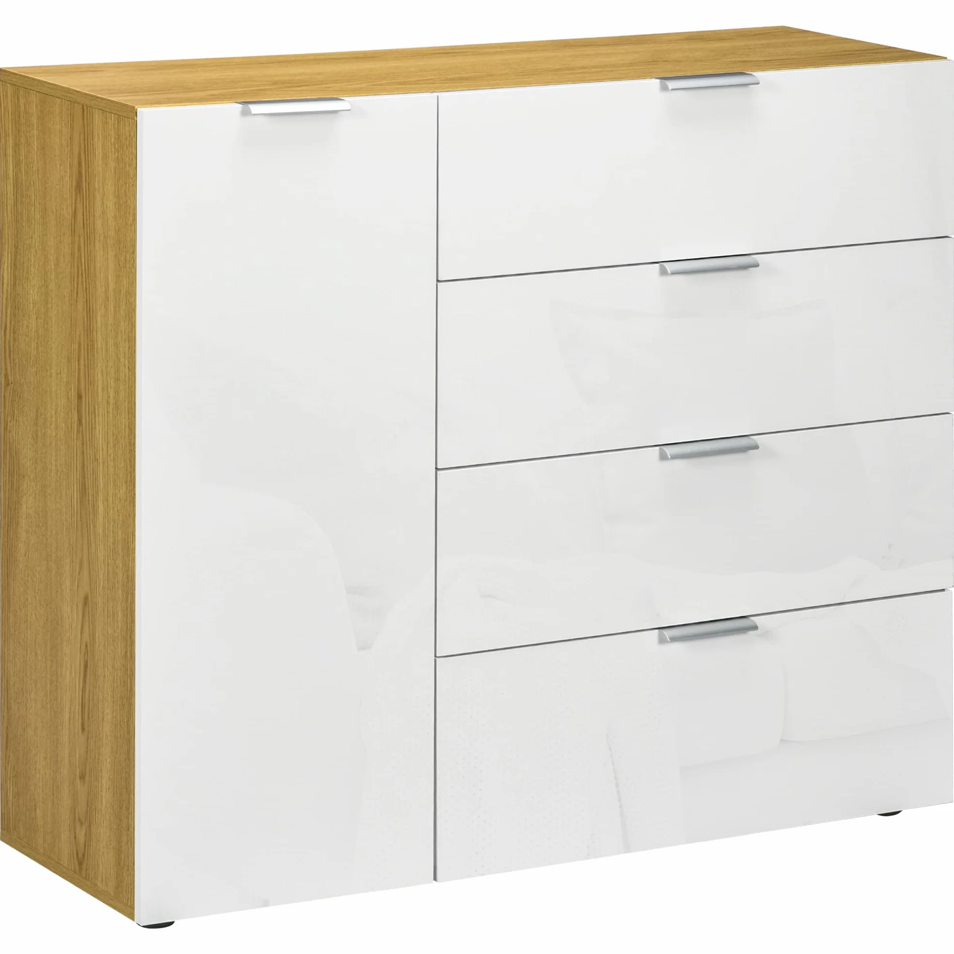 HOMCOM Cómoda de Dormitorio Aparador de Salón con 4 Cajones de de Alto Brillo Puerta y Estantes Ajustables para Comedor 105x35x92 cm Blanco y Natural