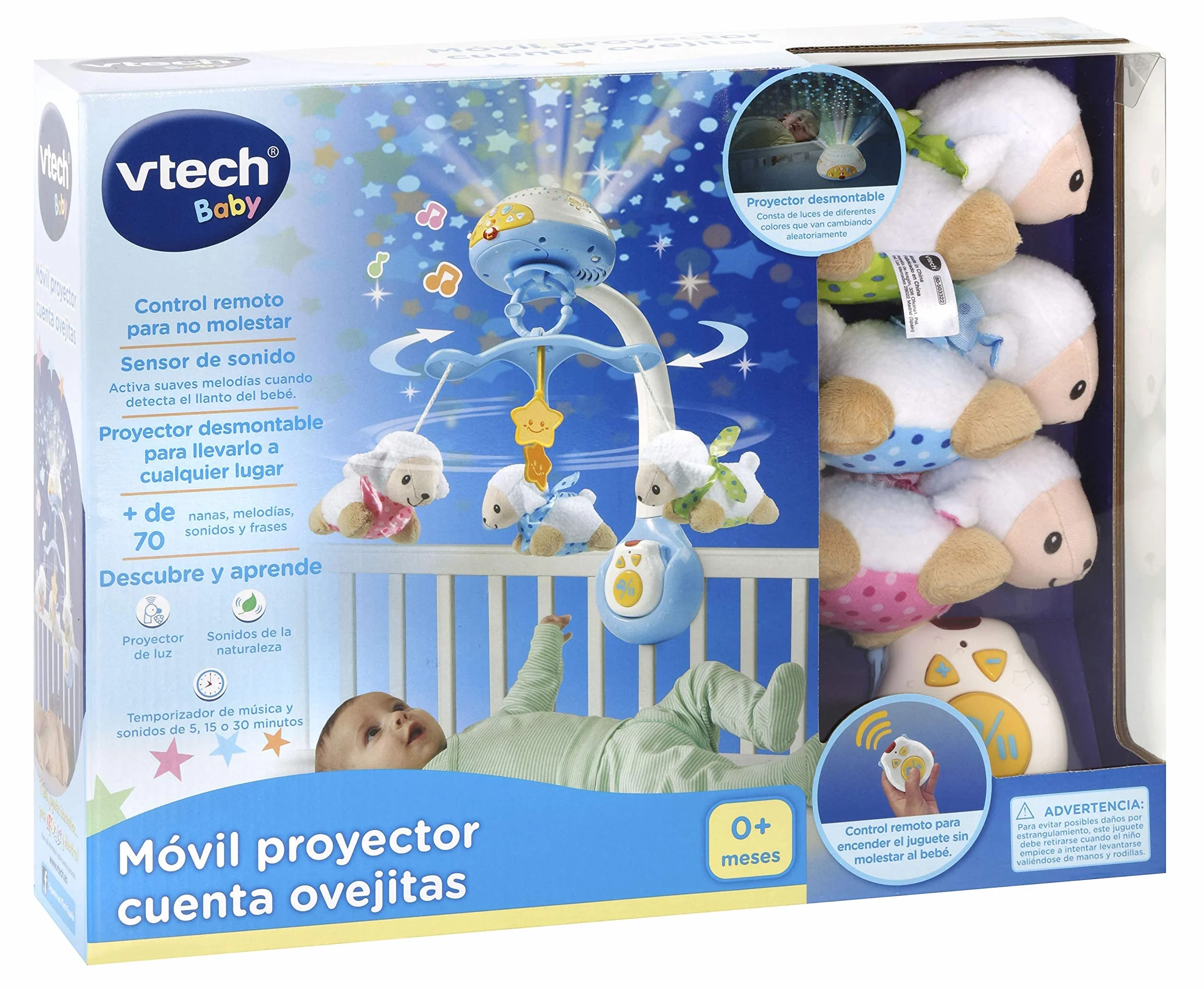 VTech Baby Móvil Proyector Cuenta Ovejitas, Juguete de Cuna, 70+ Nanas, Canciones, Sonidos y Frases, Mando a Distancia, Multicolor, 0-24 meses