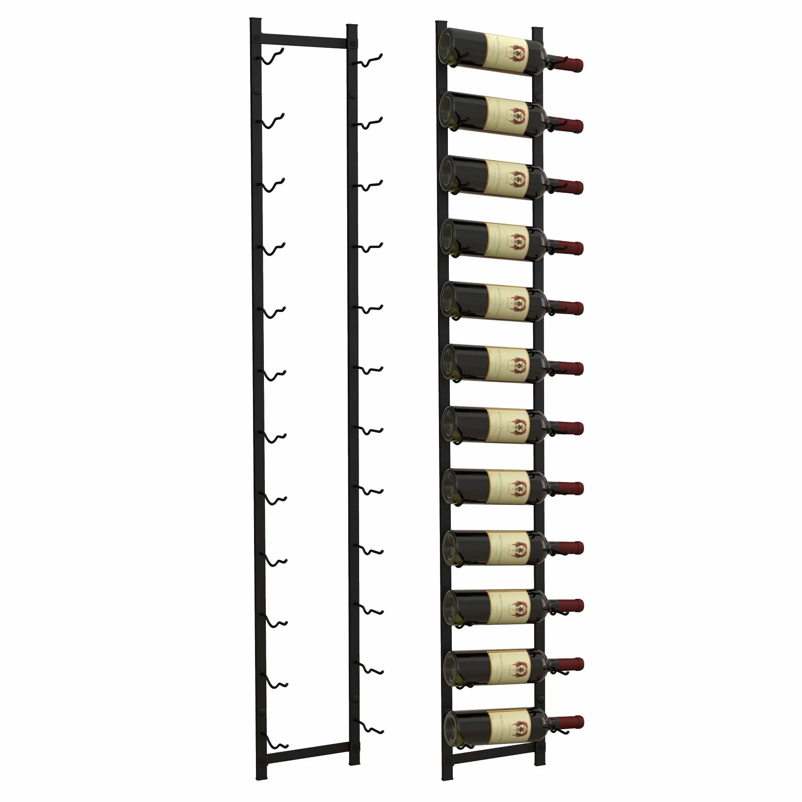 KOMFOTTEU Botellero Vino de Pared para 6/9/12 Botellas, Portabotella Metálica Vertical, Estante Colgante Decorativo para Vino, Organizador de Botellas para Cocina, Comedor, Bar (12 Botellas)