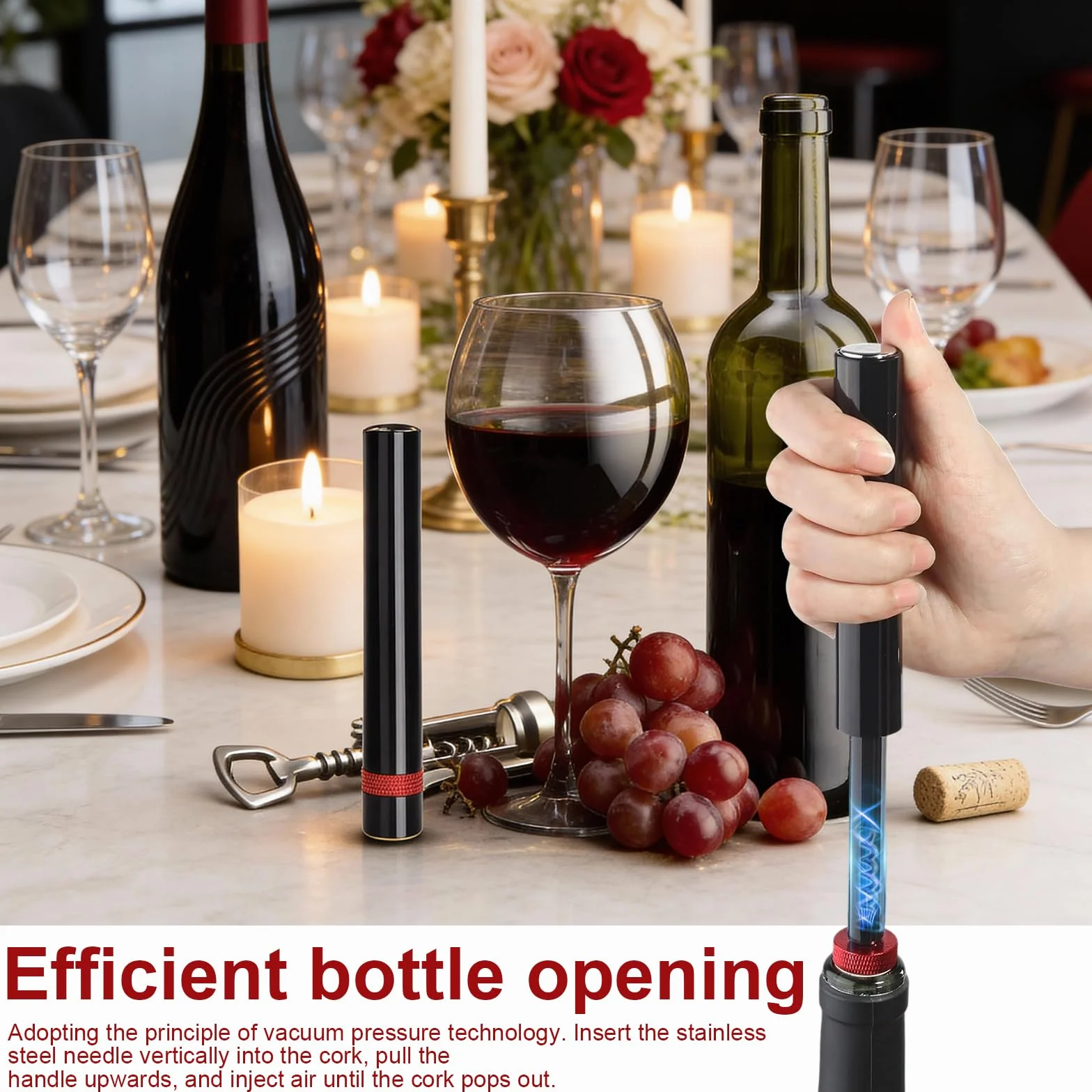 Abridor de Botellas Aire a Presión, Portátil Sacacorchos Profesional, 14 × 2,1 cm Saca Corchos Neumatico, con Manual de Instrucciones, para Uso Doméstico, Restaurante, Fiesta