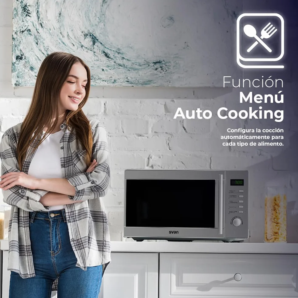 Svan Microondas 20 Litros con Grill Inox SMW2700DGX. 700W, Grill 1000W, 8 Programas, Modo Descongelación, Revestimiento Interior, Fácil Limpieza, Temporizador 95min.