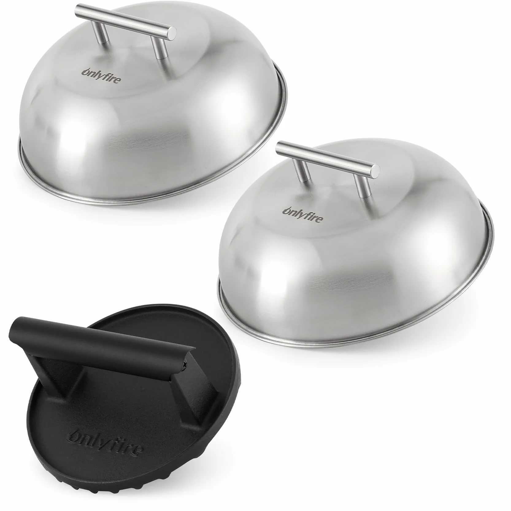 onlyfire Smash Burger Kit, Smash Burger de Hierro Fundido de Φ15,2 cm y 2 Tapa para Hamburguesas de Φ22,8 cm, Kits de Utensilios Profesionales para Barbacoa, Teppanyaki y Camping