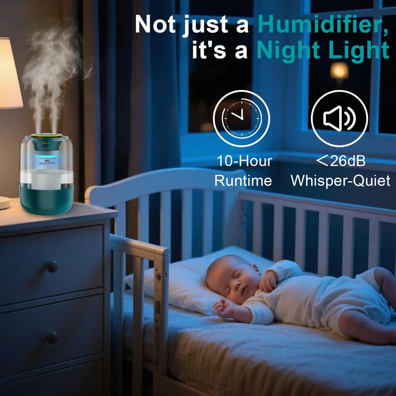 Humidificadores de 2.2 L para dormitorio, humidificadores de niebla fría con temporizador, perilla digital, humidificador pequeño silencioso de 26 dB para bebé, guardería y plantas con luz nocturna