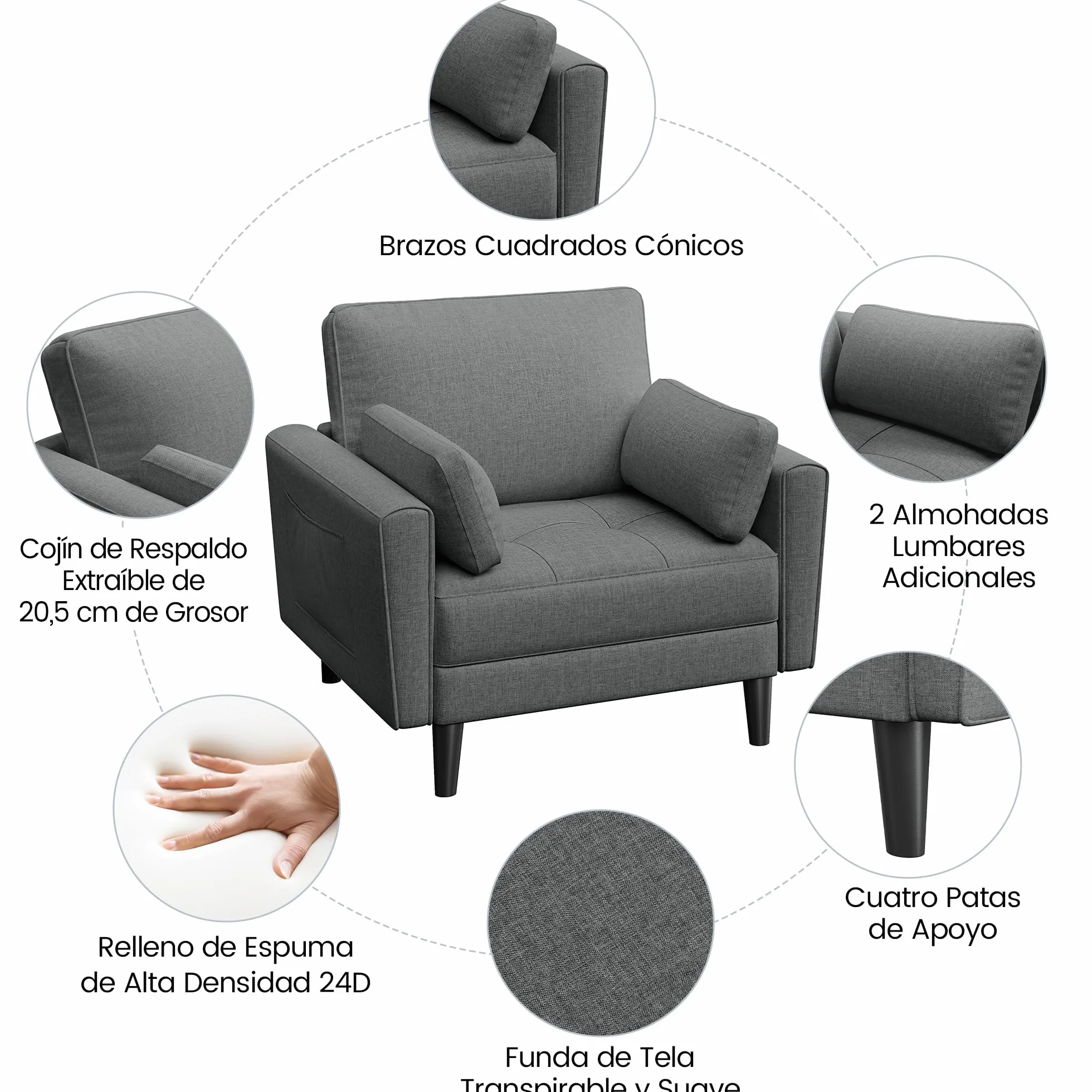 Yaheetech Sofá Individual Sofá Relax Sillon Lectura Tapizada de Tela para Sala de Estar Salon y Dormitorio 75 x 85.5 cm MAX Capacidad 136 KG Gris Oscuro