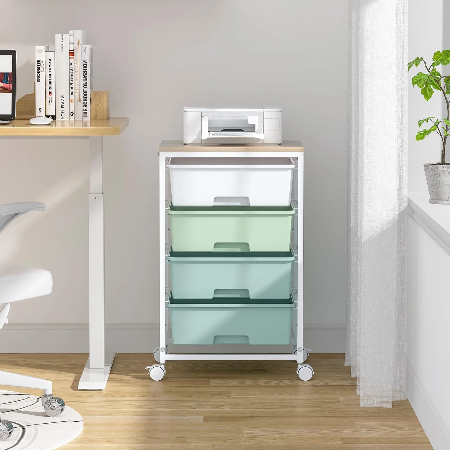 SYKIARIOL Carro con ruedas de 4 cajones, carrito de almacenamiento multiusos con ruedas con tablero de madera, carrito con ruedas para cocina, salón, dormitorio, fácil movimiento, gran capacidad,verde