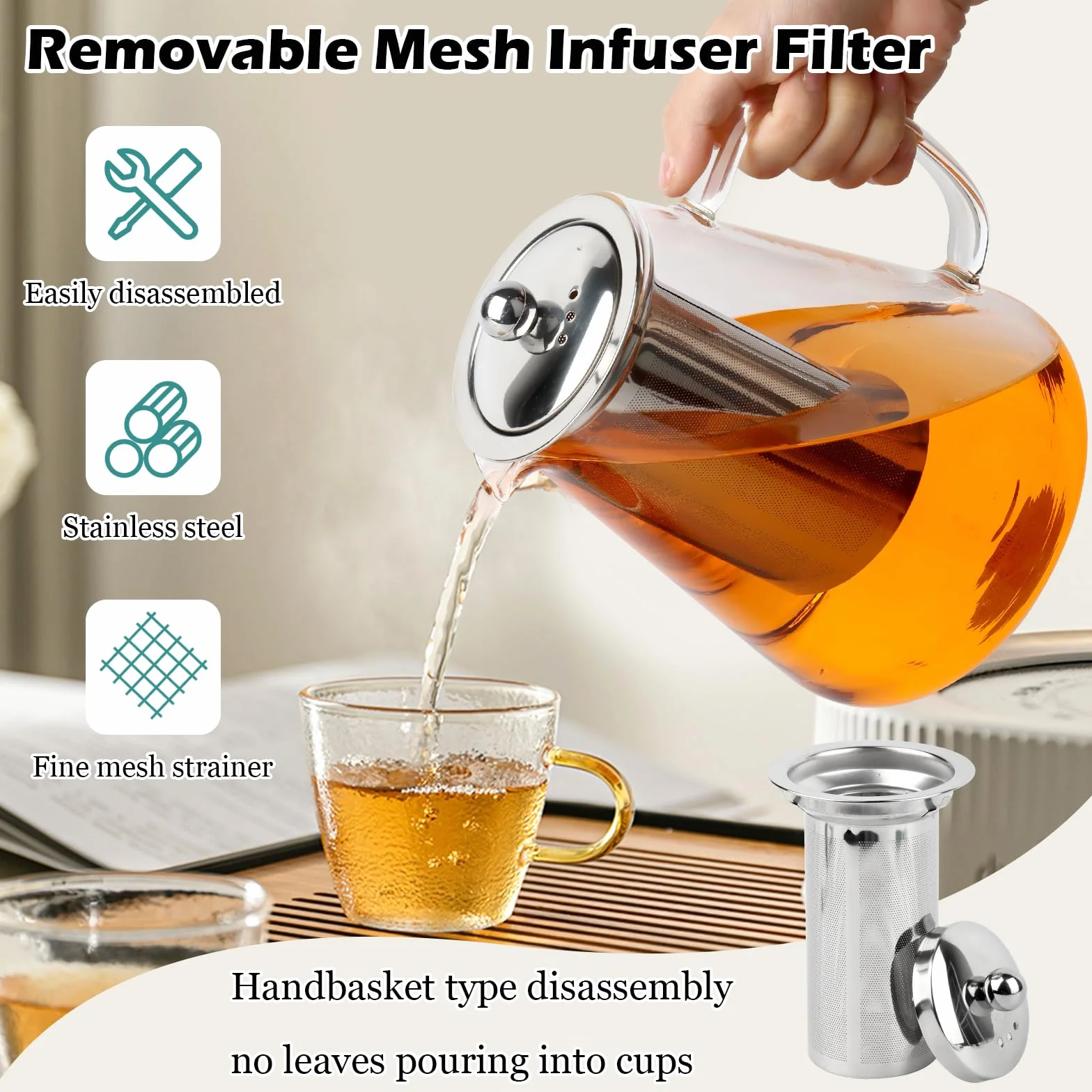 MXTIMWAN Tetera de vidrio de 1,3 litros, resistente al calor, transparente con colador extraíble, para bebidas frías y calientes.