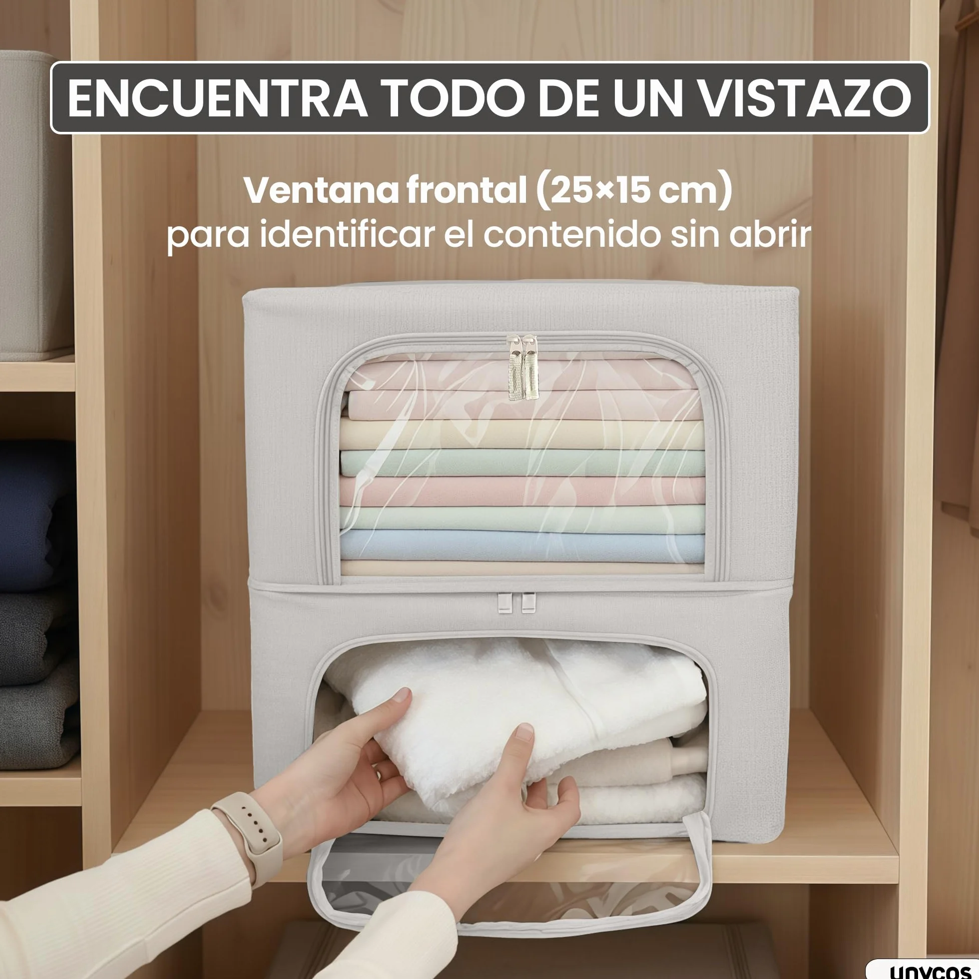 unycos - Cajas de Almacenaje de Ropa【3 Piezas | 24L】 Bolsas con Estructura Resistente de Hierro, Asas Reforzadas y Ventana Transparente, Organizador de Toallas, Edredones | 10 kg (Grey; Iron Rod)