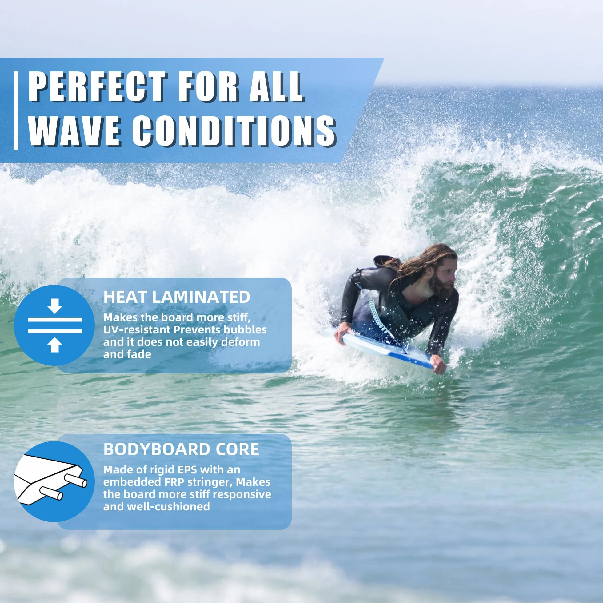 Tabla de bodyboard 44 pulgadas EPS IXPE HDPE FRP Stringer Crescent Tail Maelstrom