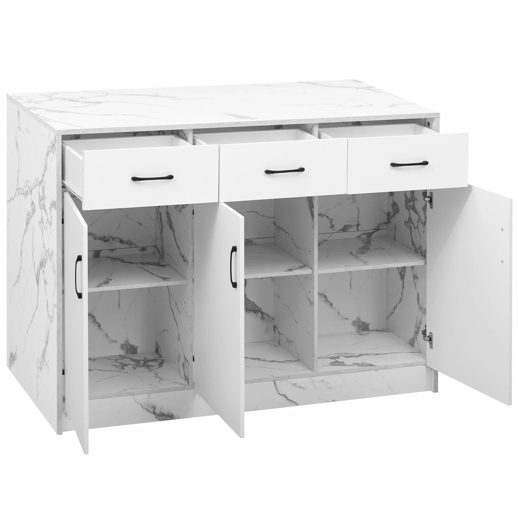 Isla de cocina grande 120 x 60 x 90,5 cm, 3 cajones y 3 puertas, diseño de mármol blanco, estantes ajustables, cajones silenciosos, diseño de área de bar - Utensilios de cocina elegantes y prácticos
