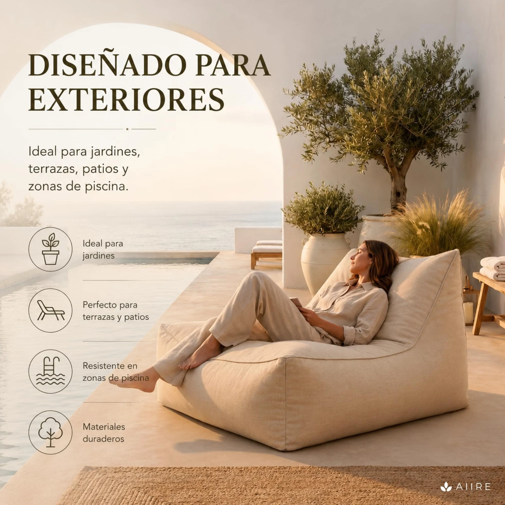 Aiire Puff Exterior Jardín Moderno - Sillón Puf con Relleno Incluido para Piscina, Terraza o Salón - Tejido Premium Resistente al Agua y Rayos UV - Bean Bag Chair de Lujo XXL Beige