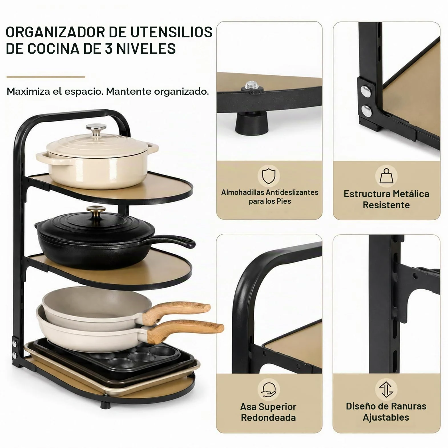 Organizador de sartenes para cocina, estante de cocina, sartén de cocina, estante de almacenamiento escalonado, estante de almacenamiento de 3 niveles ajustable para armario
