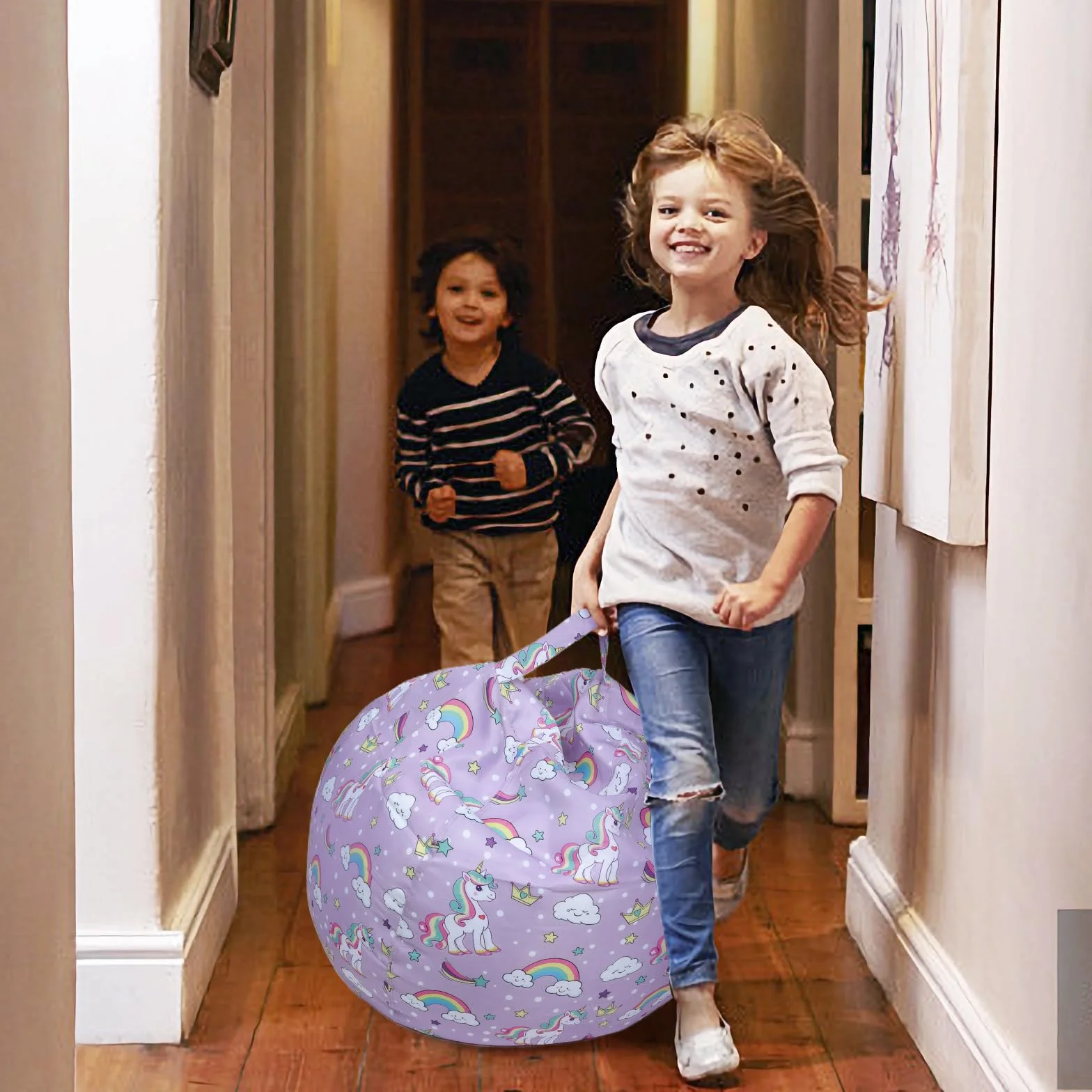 decalsweet Unicornio Grande Bolsa Puff para Guardar Juguetes para Niñas, Bolsa de Frijoles Cubierta de Silla en Interiores y Exteriores (Sin Relleno), Rosa