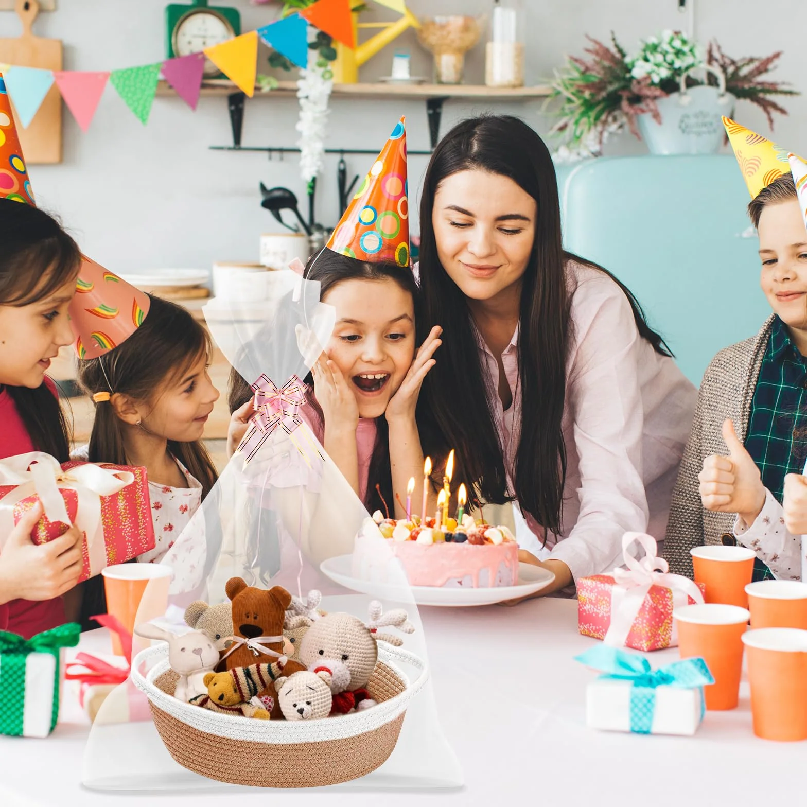 FRUHLING Cesta de regalo vacía trenzada con bolsas de celofán y lazo, almacenamiento de cuerda de algodón para baby shower
