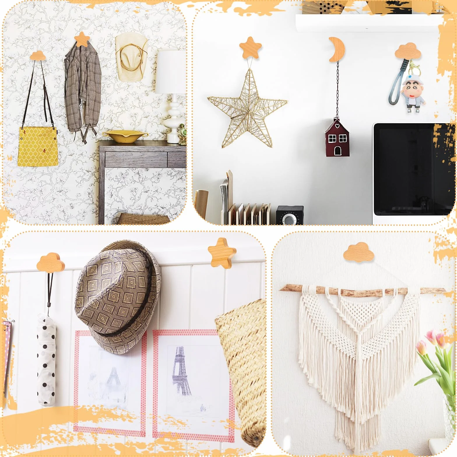 AKONE 6 pomos de madera para armarios infantiles, diseño de estrellas, luna, nubes de madera, para armario, cajones, decoración natural, cajón, habitación de los niños
