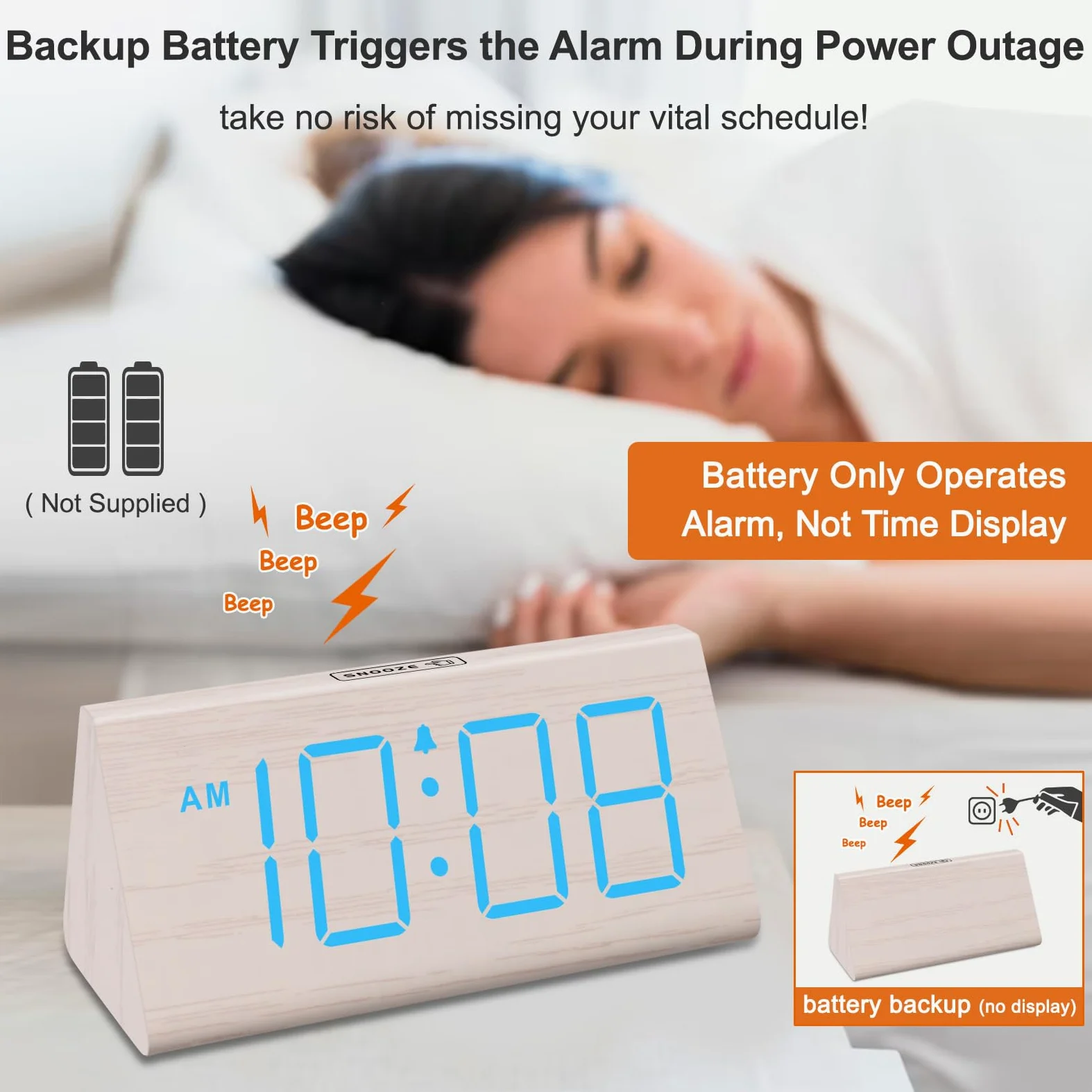 DreamSky Despertador digital de madera para dormitorios, reloj eléctrico de escritorio con números grandes, puerto USB, alarma de respaldo de batería, volumen ajustable, atenuador, repetición, DST,