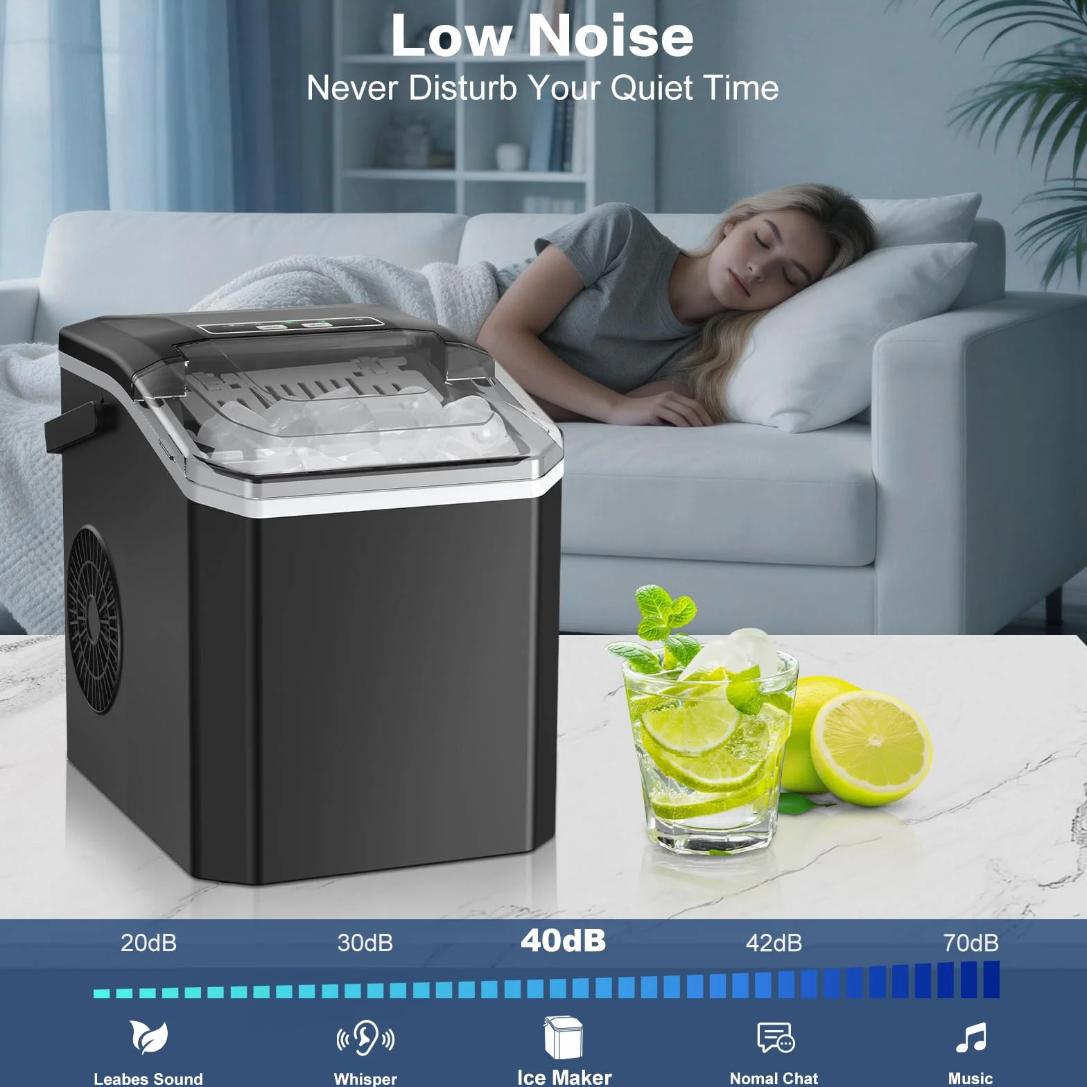 Maquina de Hielo, 9 Cubos en 8 Minutos,2 Tamaños de Hielo,1,5L Tanque,14Kg/24H, Ice Maker Machine Autolimpiante con Asa, Pala para Inicio/Cocina/Oficina/Bar (Negro)