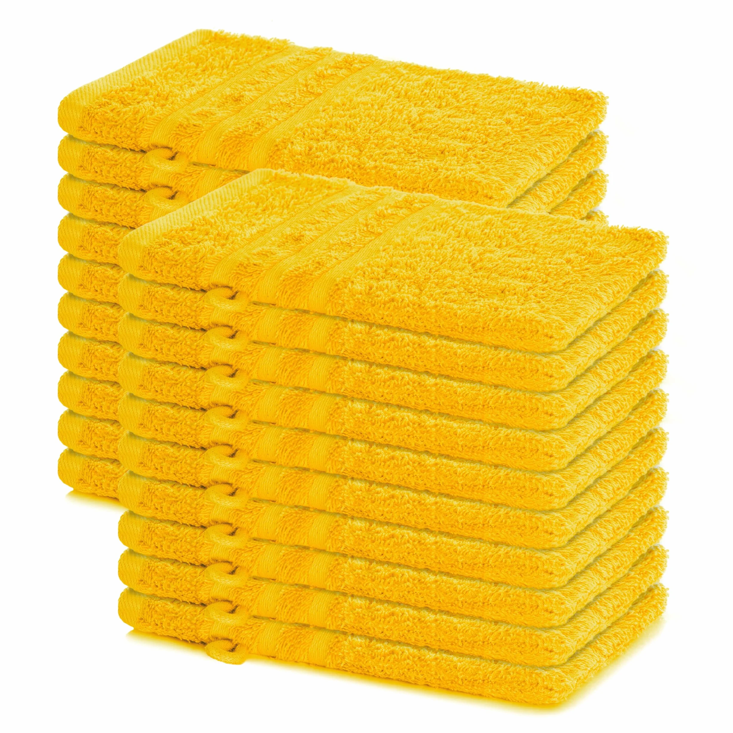 Lavea® Juego de 20 Guantes de Baño 15x21 cm de Rizo 100% Algodón - Suaves y Absorbentes – Manopla de Baño con Gancho para Casa, Hotel y SPA - Amarillo Colza