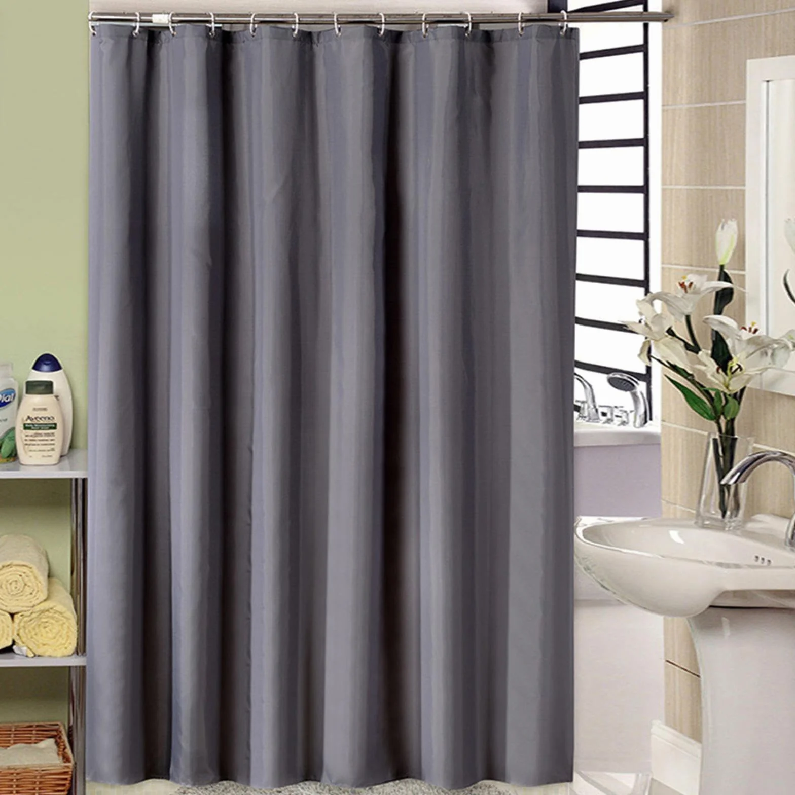 Cortina de ducha impermeable extra larga de 300 x 180 cm, de poliéster grueso, resistente al moho, lavable, con 12 ganchos blancos para decoración de baño resistente