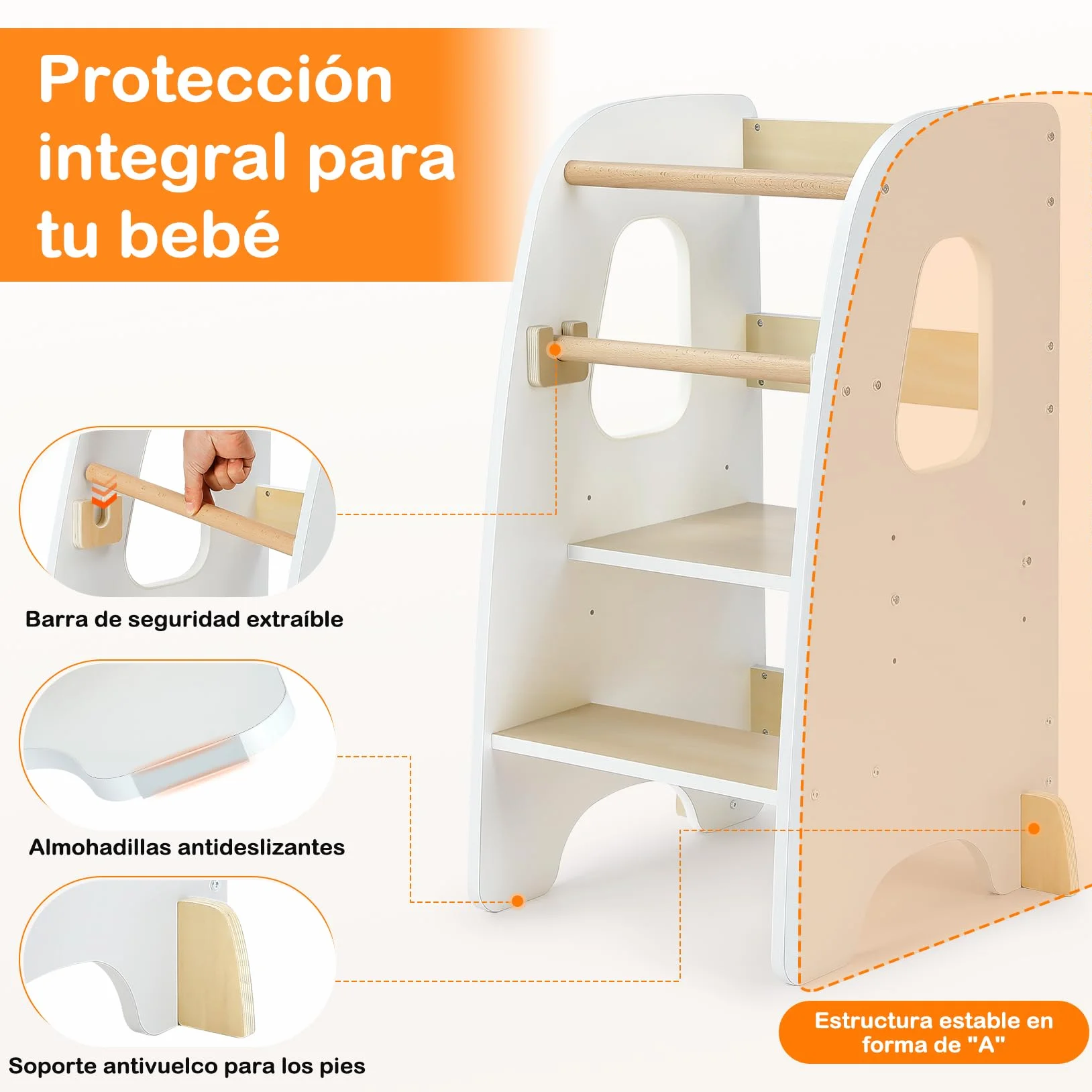 Ezebaby Torre de Aprendizaje Montessori Madera Altura Ajustable con Barandilla de Seguridad para Niños 1-6 Años Blanco