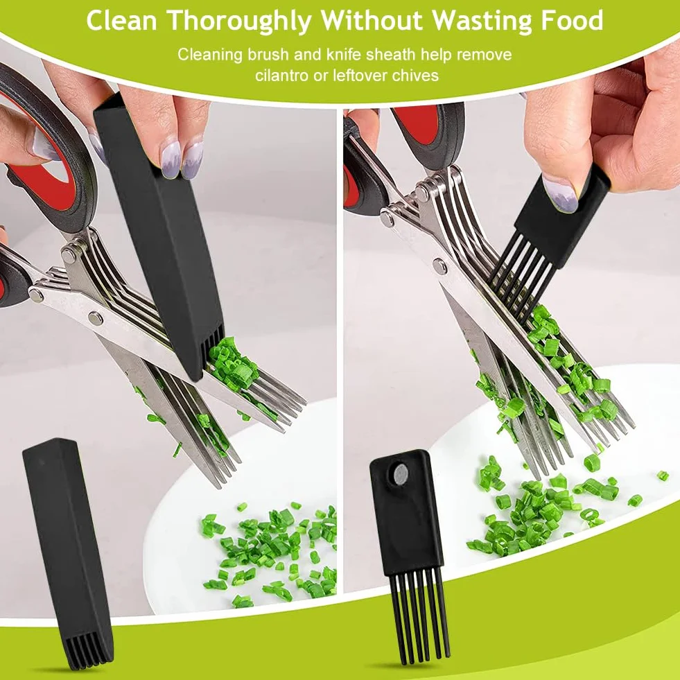 Tijeras para hierbas, tijeras de cocina de 5 cuchillas de acero inoxidable, tijeras de especias cebolletas con tapa de seguridad y peine de limpieza para hierbas aromáticas, cebolletas, negro rojo
