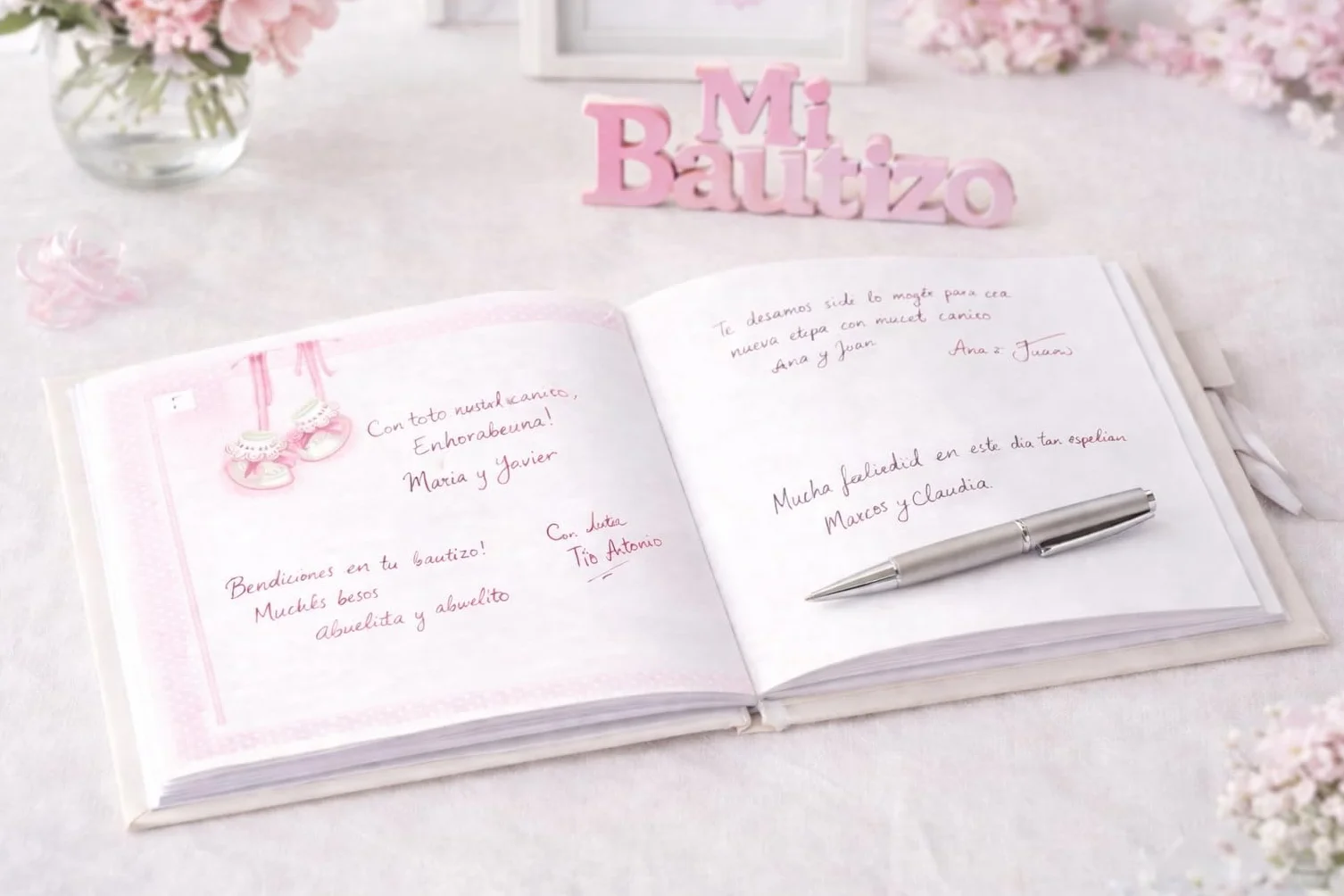 Libro de firmas bautizo bebe niña, libro visitas medidas, 27,5 x 23 x 2, 64 paginas, tapa dura, forrada gua Flex, con lazo plateado, más porta móviles personalizable, para poner la foto del bebe