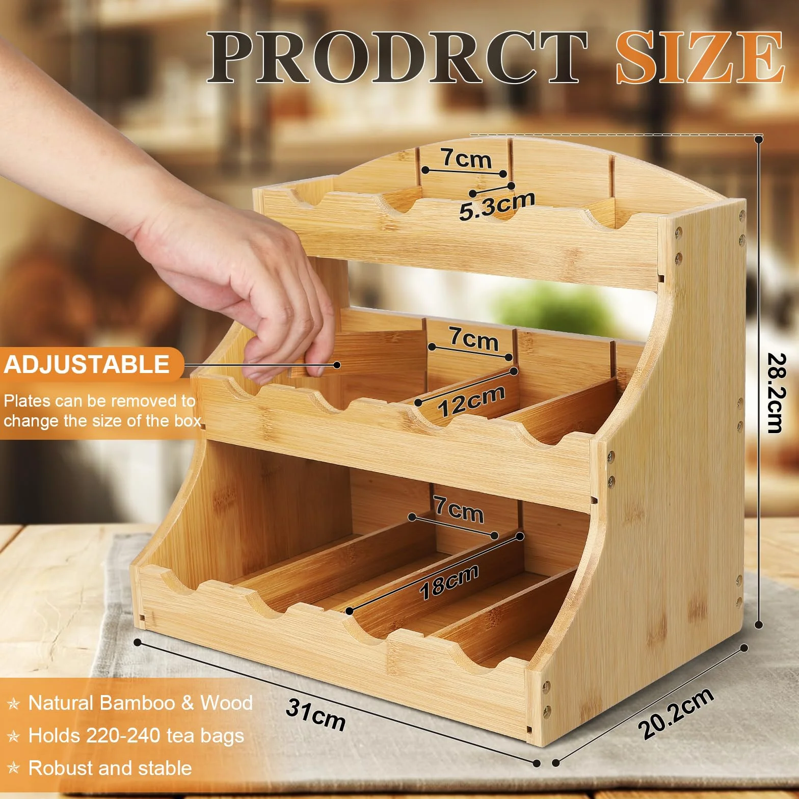 EFUTURETIME Organizador de Bolsitas de Té de Pie de Bambú, 30,7 x 25 x 20,5 cm, Estante de Té Vertical de Madera con 12 Compartimentos Ajustables, para Paquetes de Té, Café, Azúcar y Agitadores