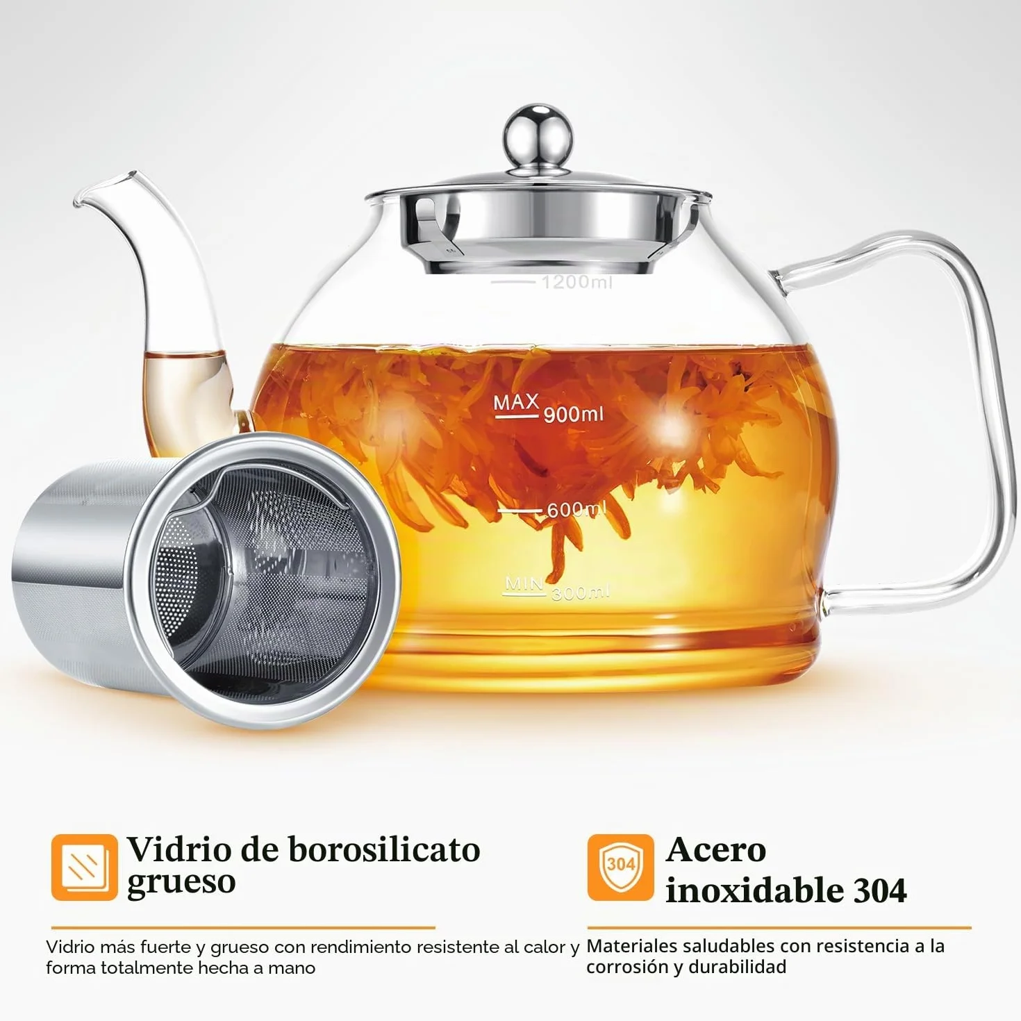 Tetera, STNTUS 1200ml Teteras de Cristal con Infusiones da Acero Inoxidable, Infusor de Te Tetera Vidrio para Estufa y Gas